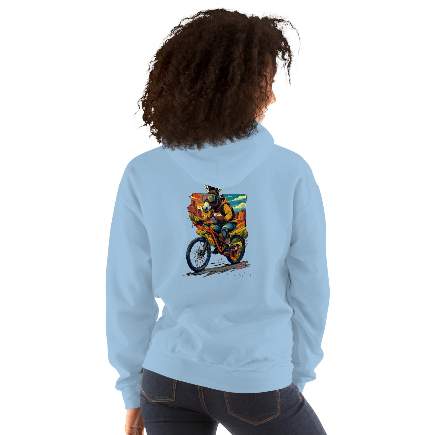 Light blue hoodie with a colorful graphic on the back, worn by a person.