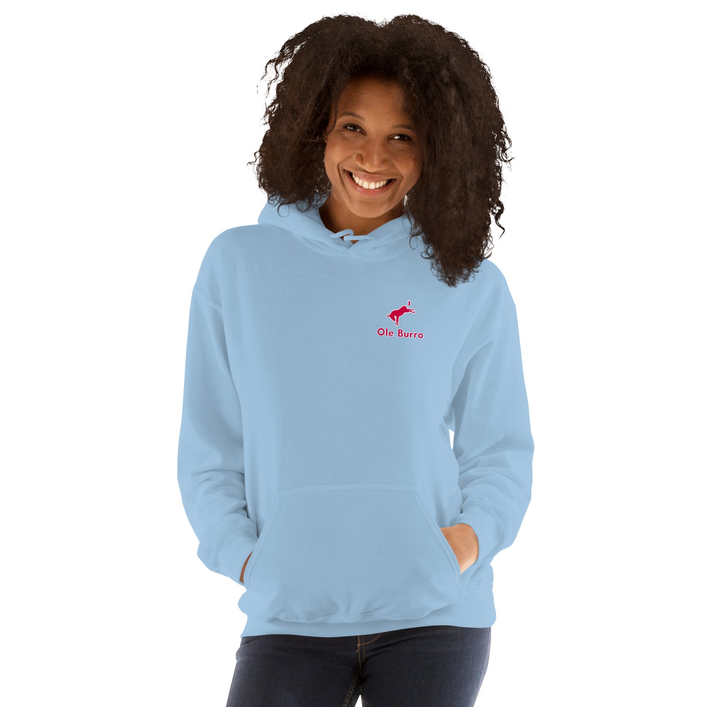 Person wearing a light blue hoodie with a red logo on a white background
