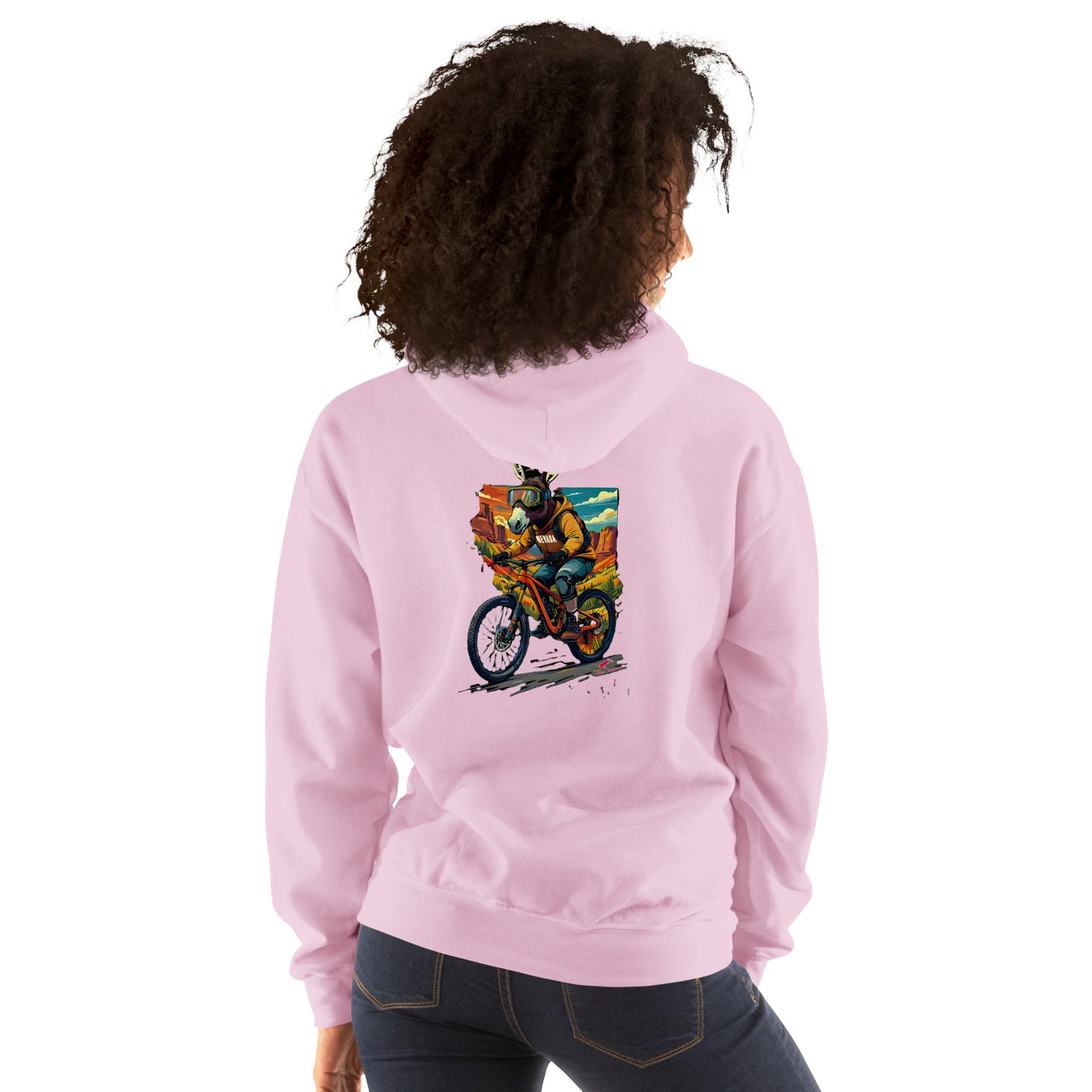 Person wearing a pink hoodie with a colorful graphic on the back, standing against a white background