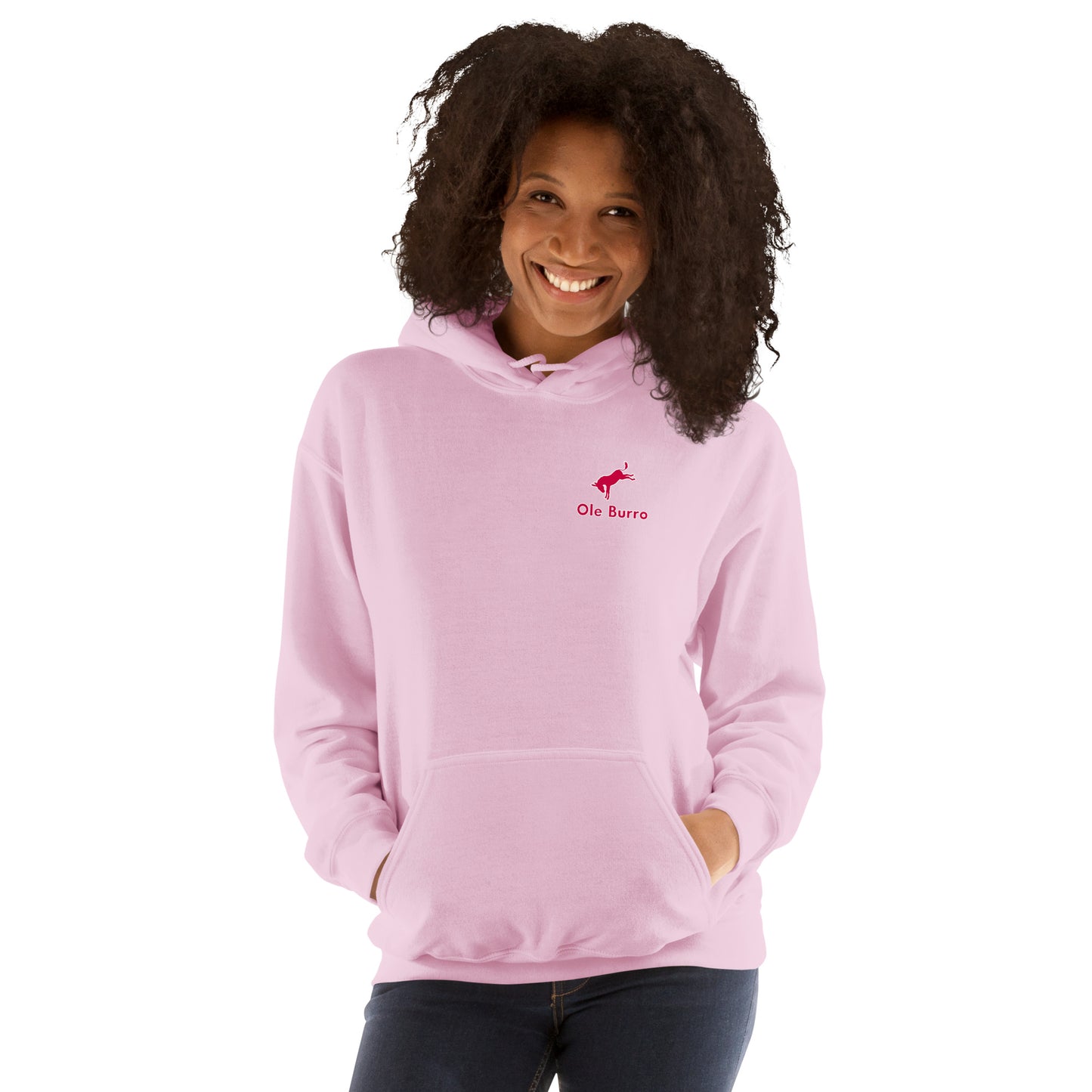 Person wearing a pink hoodie with a logo on a white background
