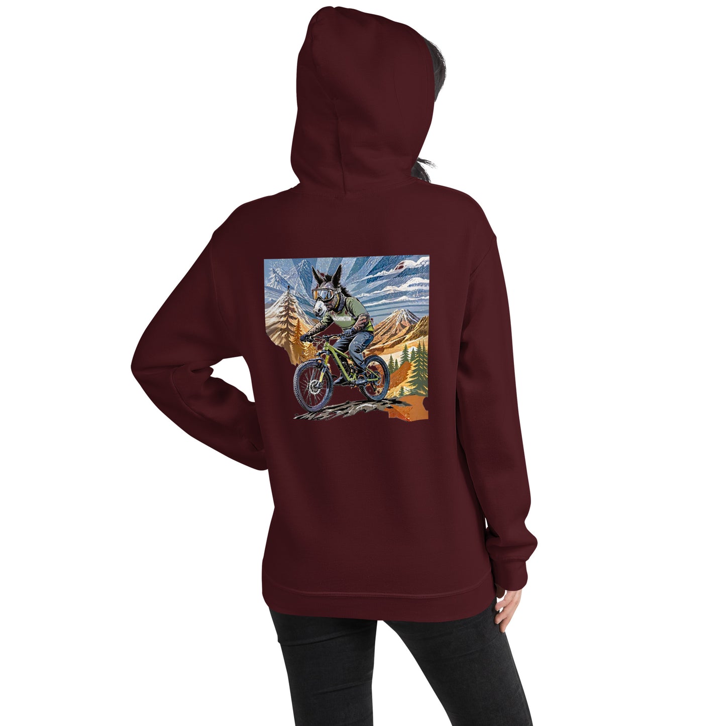 Maroon hoodie with a colorful graphic on the back, displayed on a white background