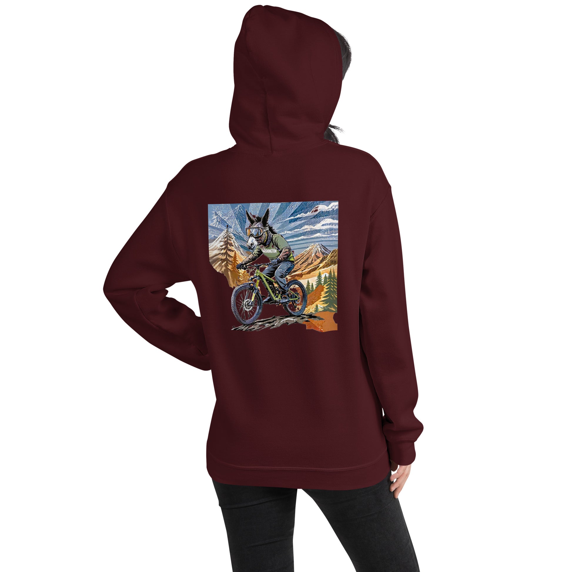 Maroon hoodie with a colorful graphic on the back, displayed on a white background