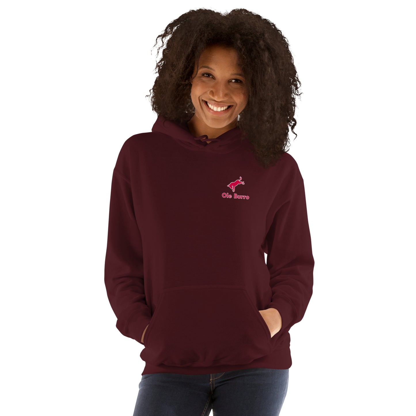 Person wearing a maroon hoodie with a logo on a white background