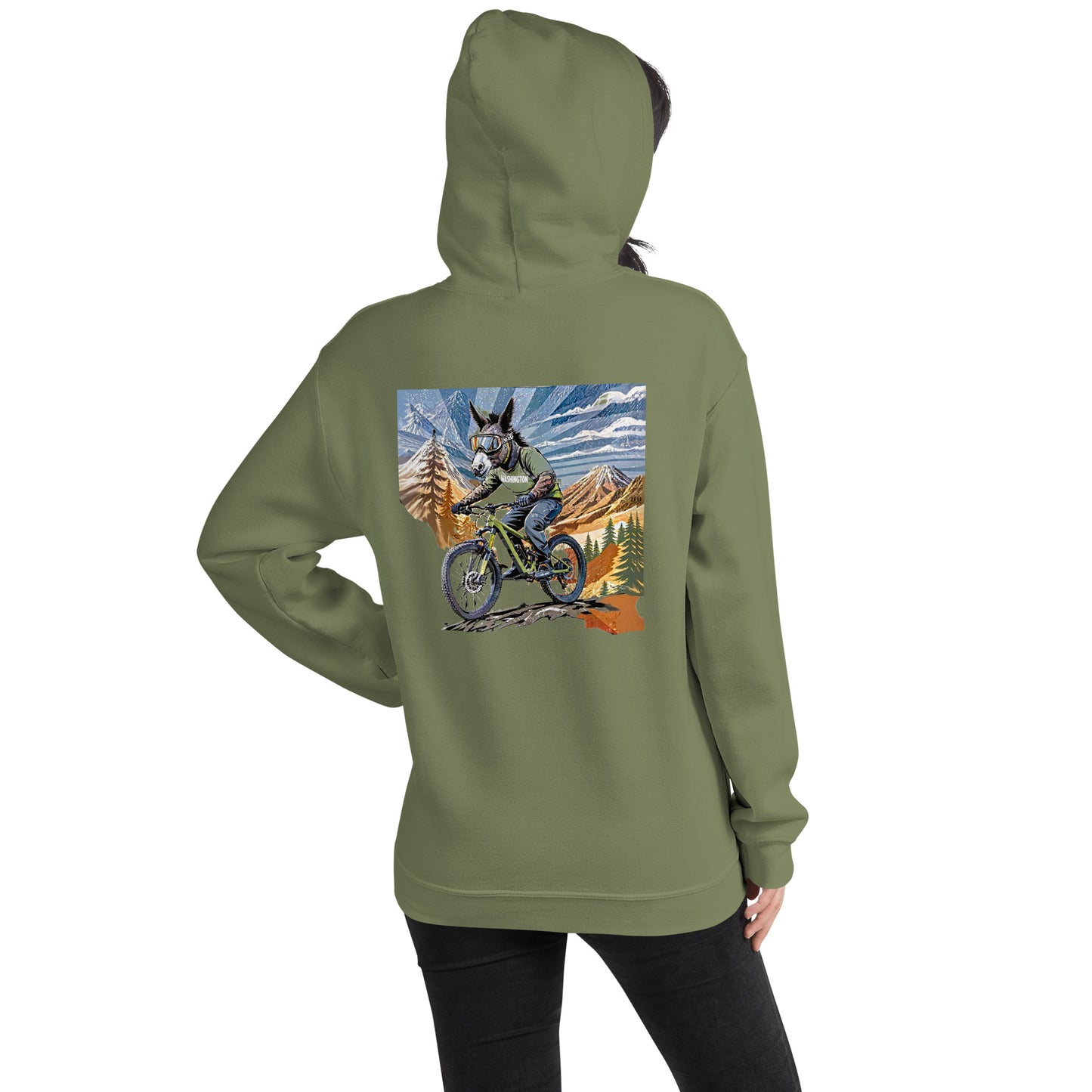 Green hoodie with a graphic of a person on a mountain bike in a forest on the back, on a white background.