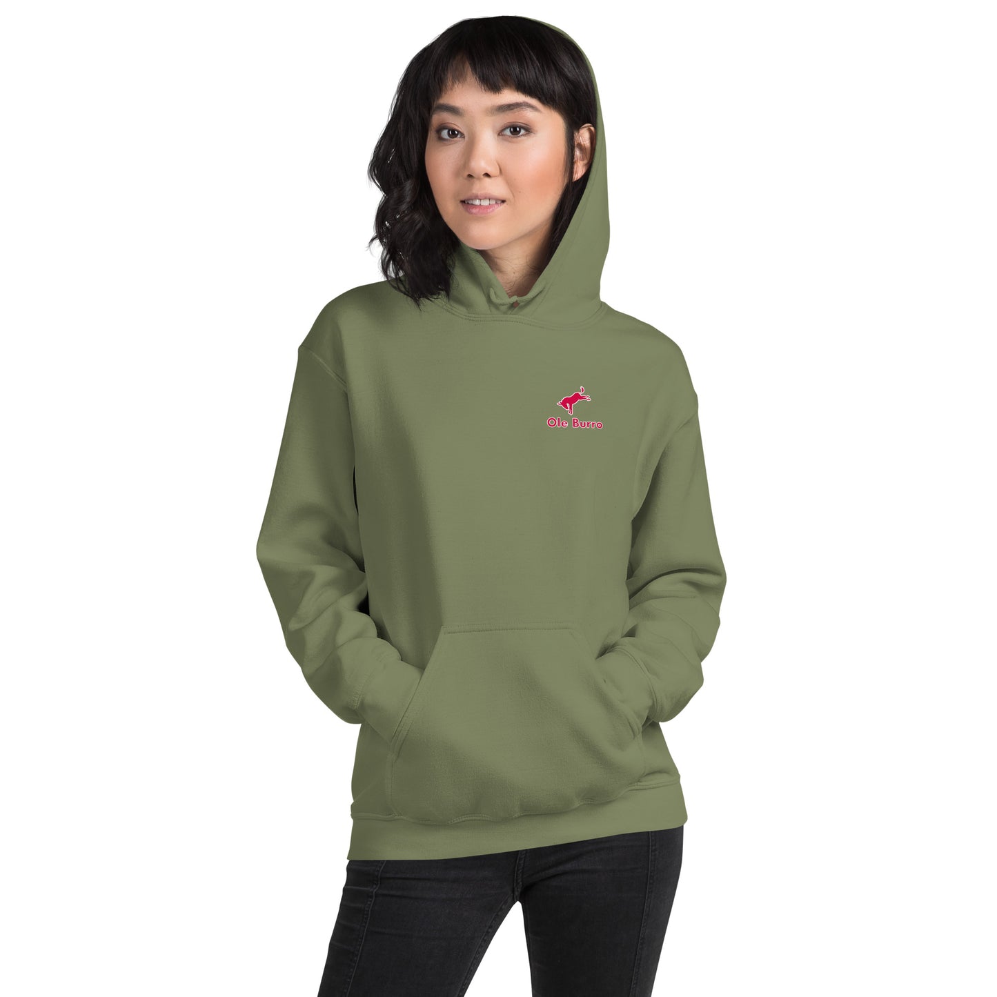 Person wearing a green hoodie with a logo on a white background