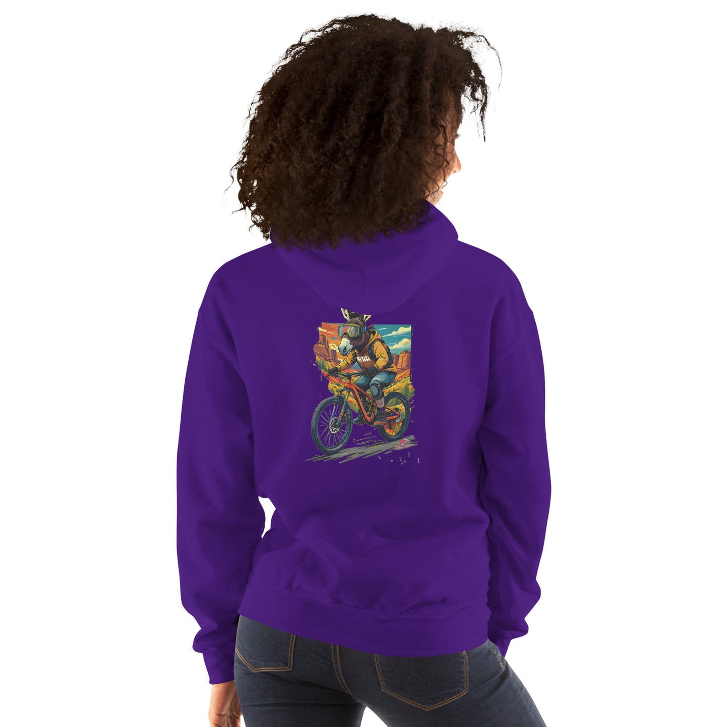 Person wearing a purple hoodie with a colorful graphic on the back, standing against a white background