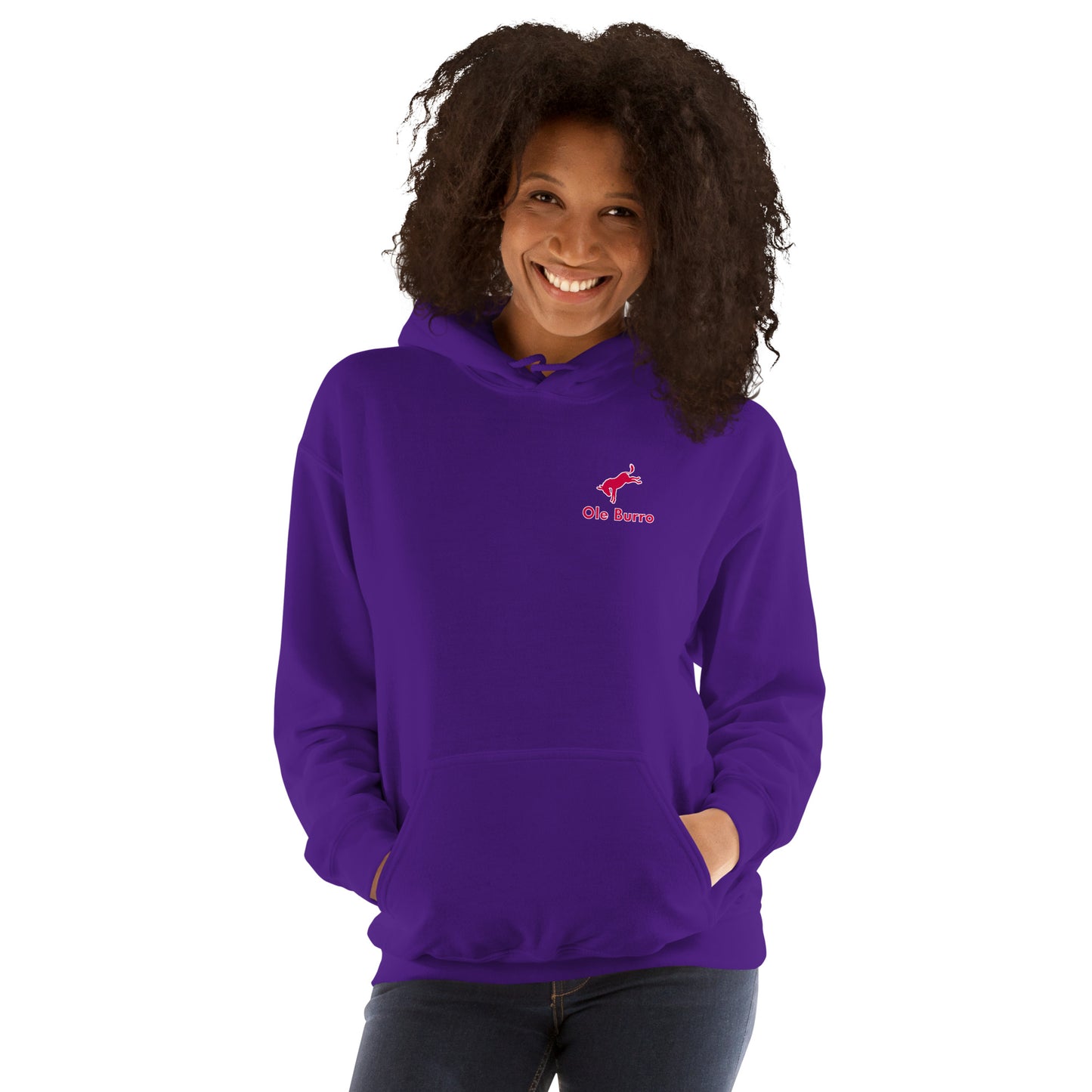 Person wearing a purple hoodie with a logo on a white background