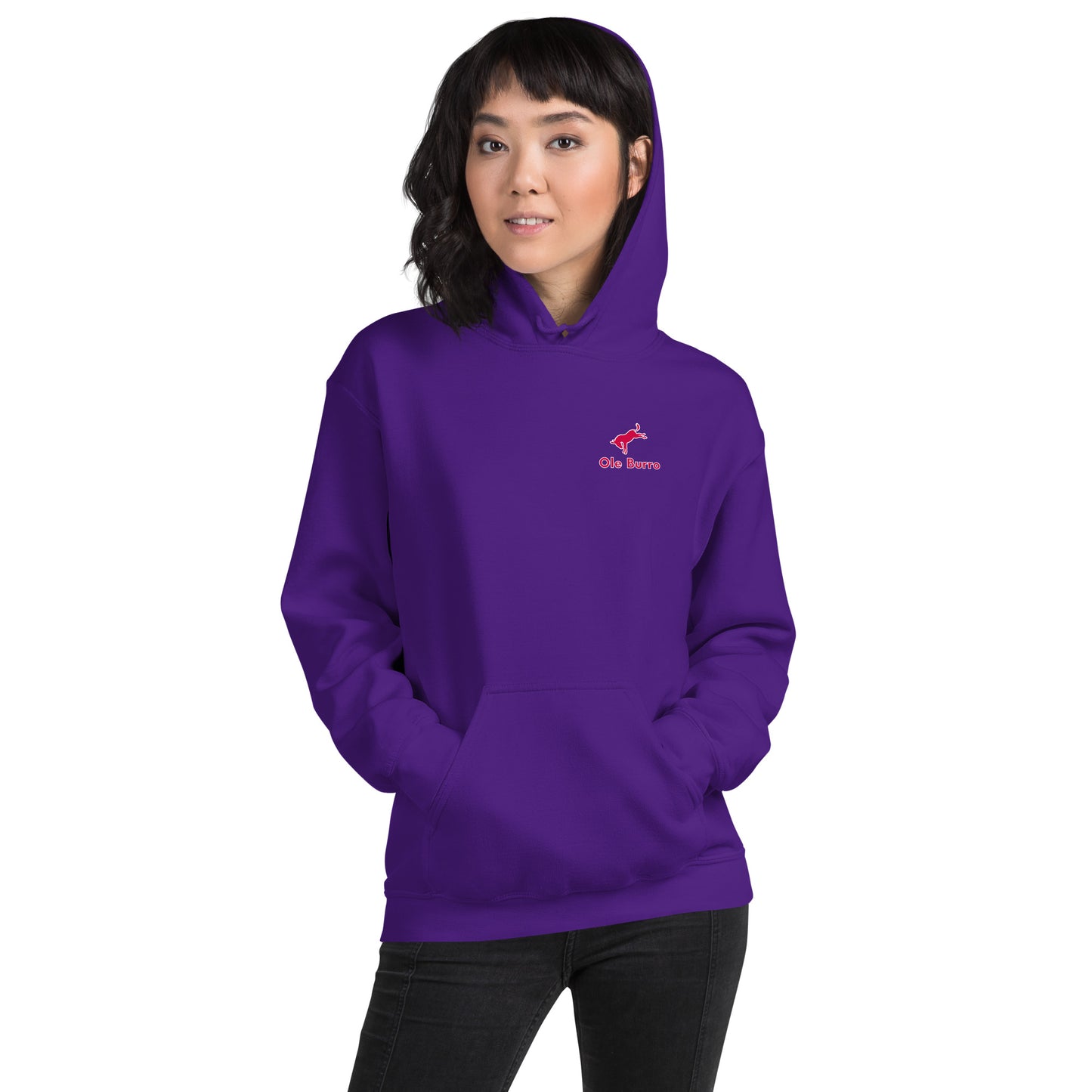 Person wearing a purple hoodie with a logo on a white background