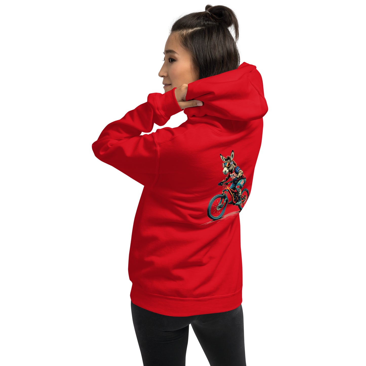 Person wearing a red hoodie with a graphic design on the back against a white background