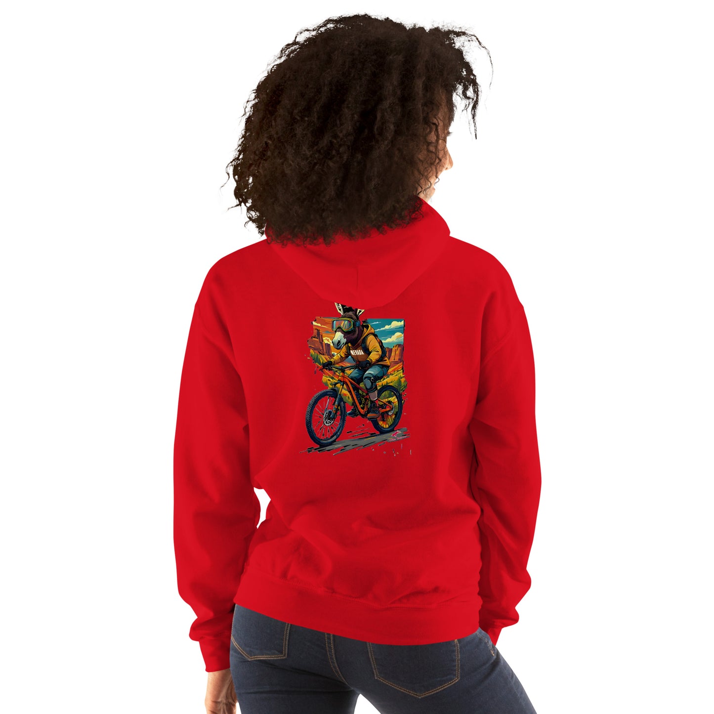 Person wearing a red hoodie with a colorful graphic on the back, standing against a white background