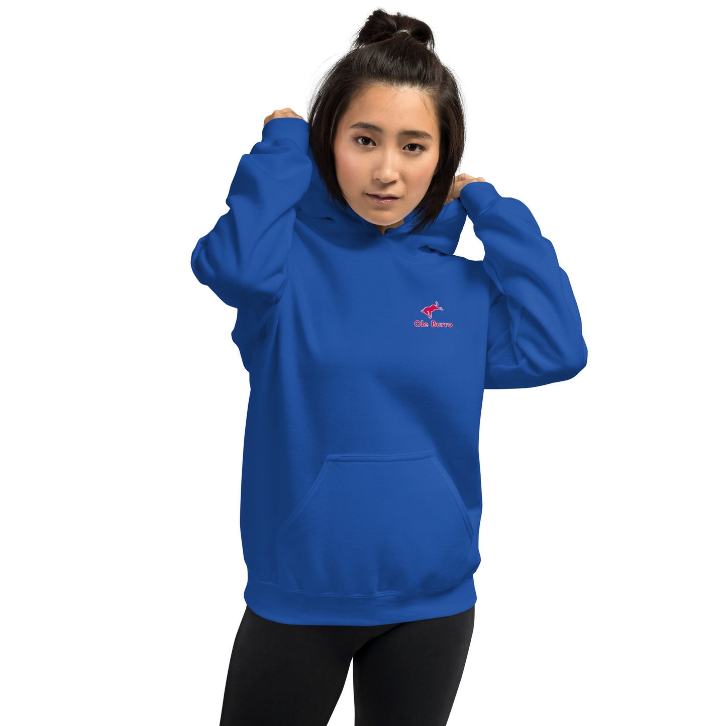 Person wearing a blue hoodie with a logo on a white background