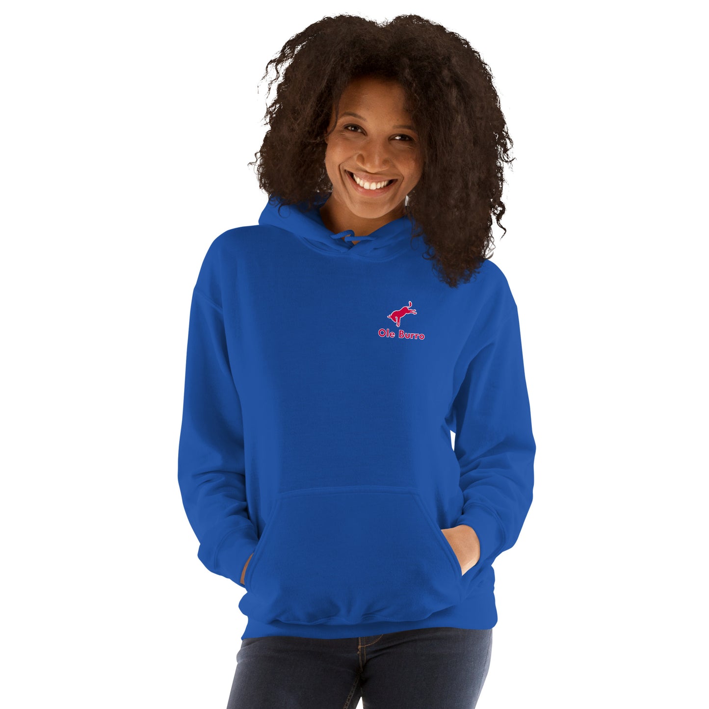 Person wearing a blue hoodie with a logo on a white background