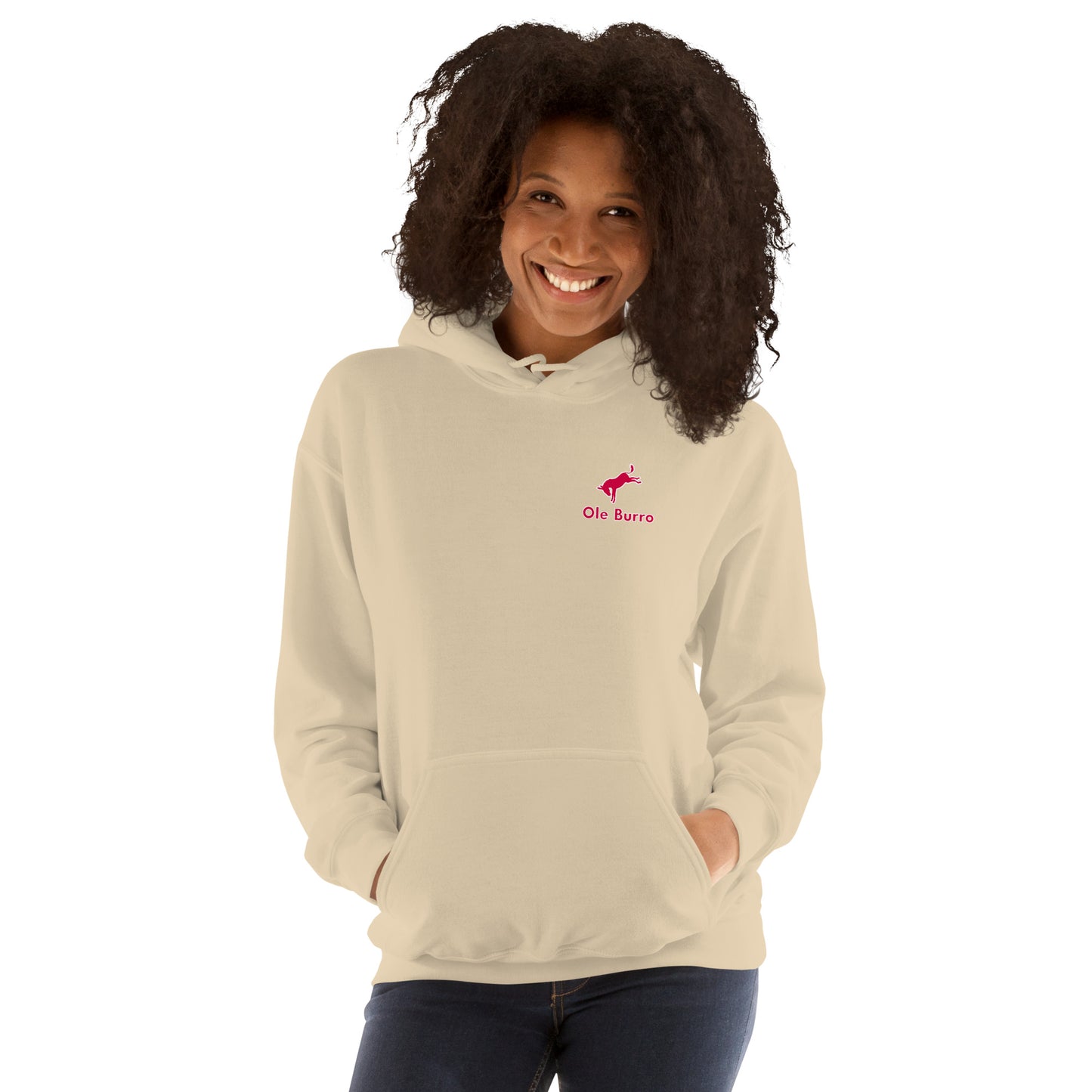 Person wearing a beige hoodie with a logo and text on a white background