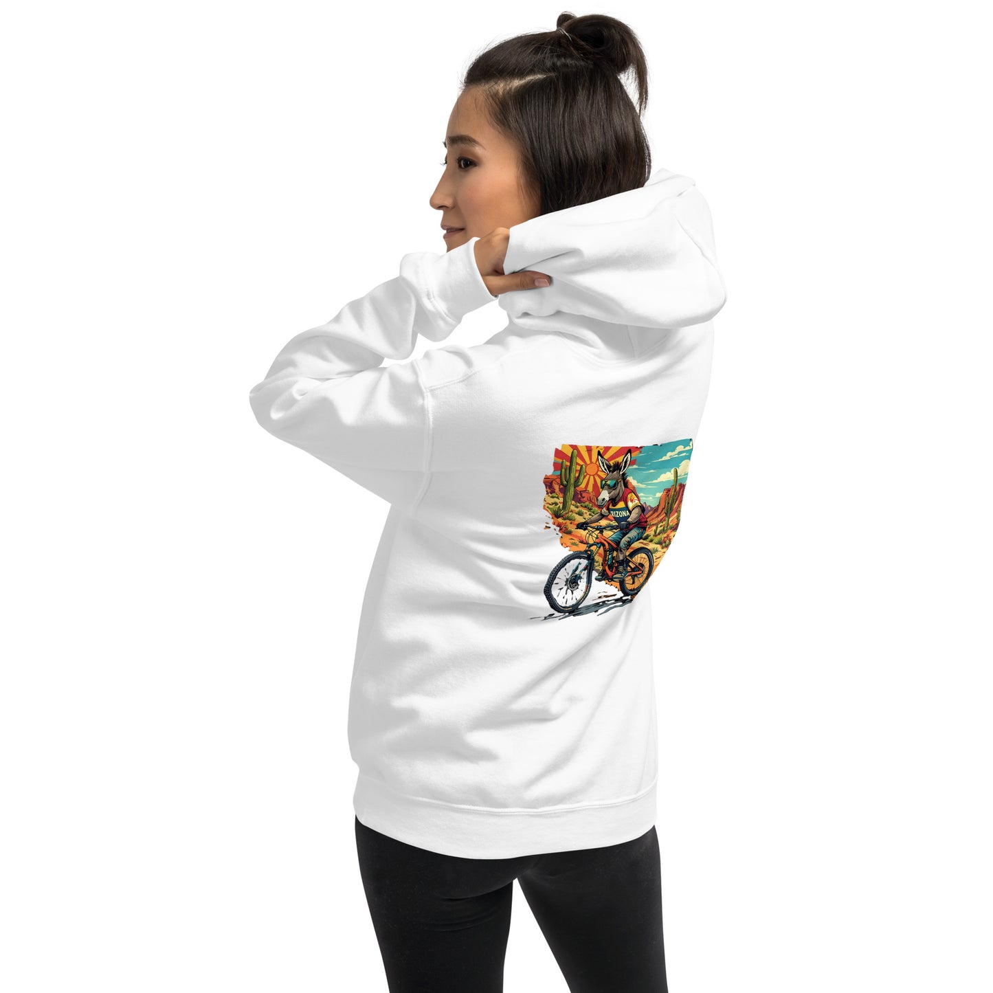 Person wearing a white hoodie with a colorful graphic on a white background