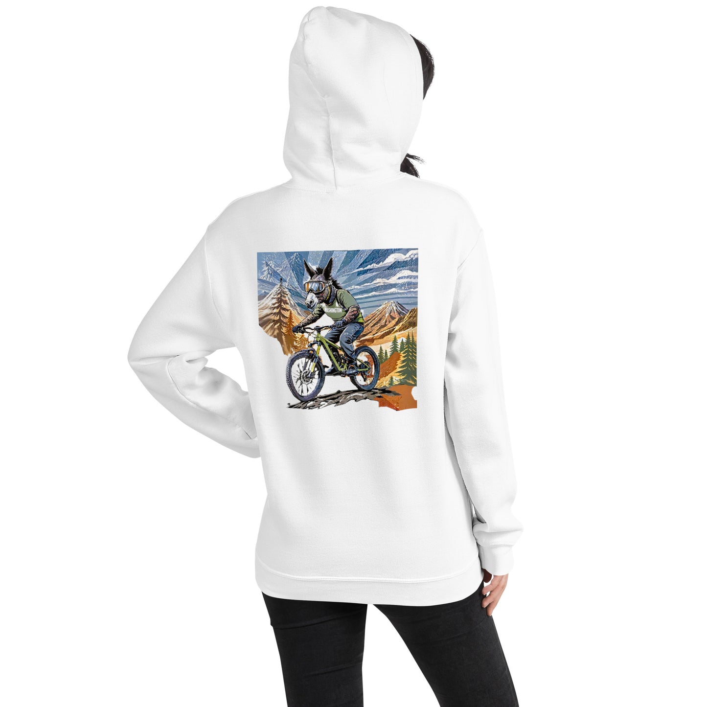White hoodie with a graphic of a person on a mountain bike in a forest