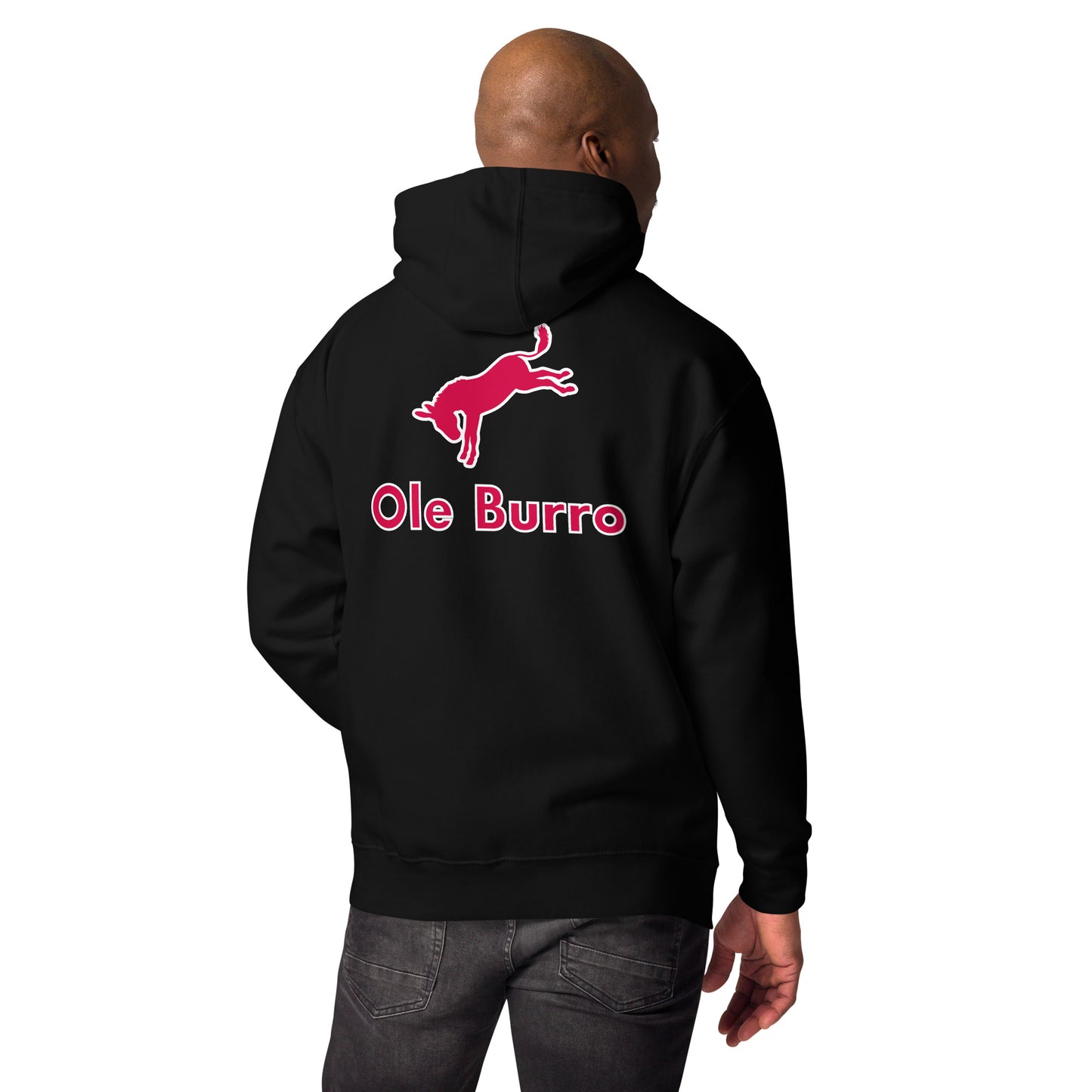 Person wearing a black hoodie with 'Ole Burro' logo on the back, on a white background