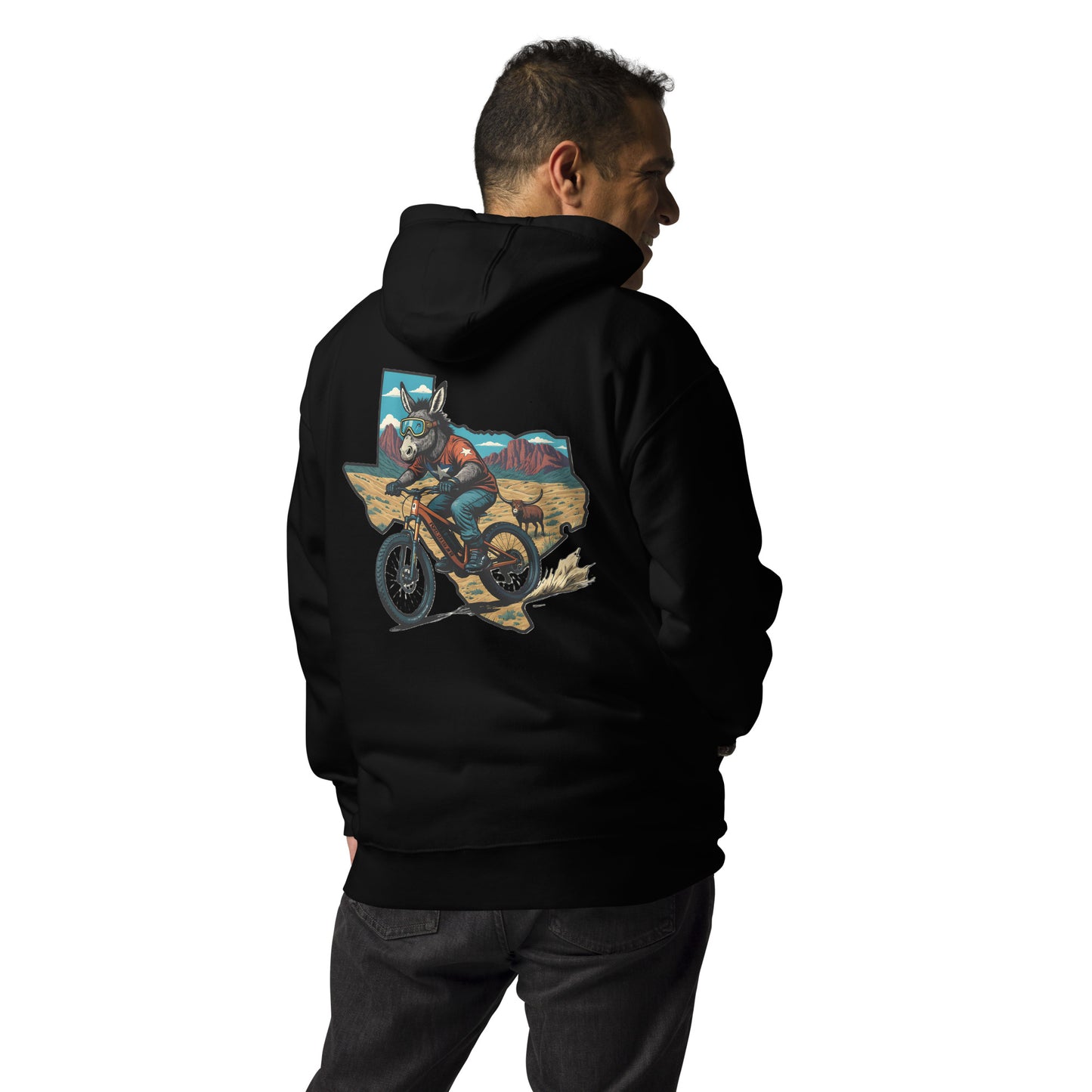 Person wearing a black hoodie with a colorful graphic on the back, standing against a white background