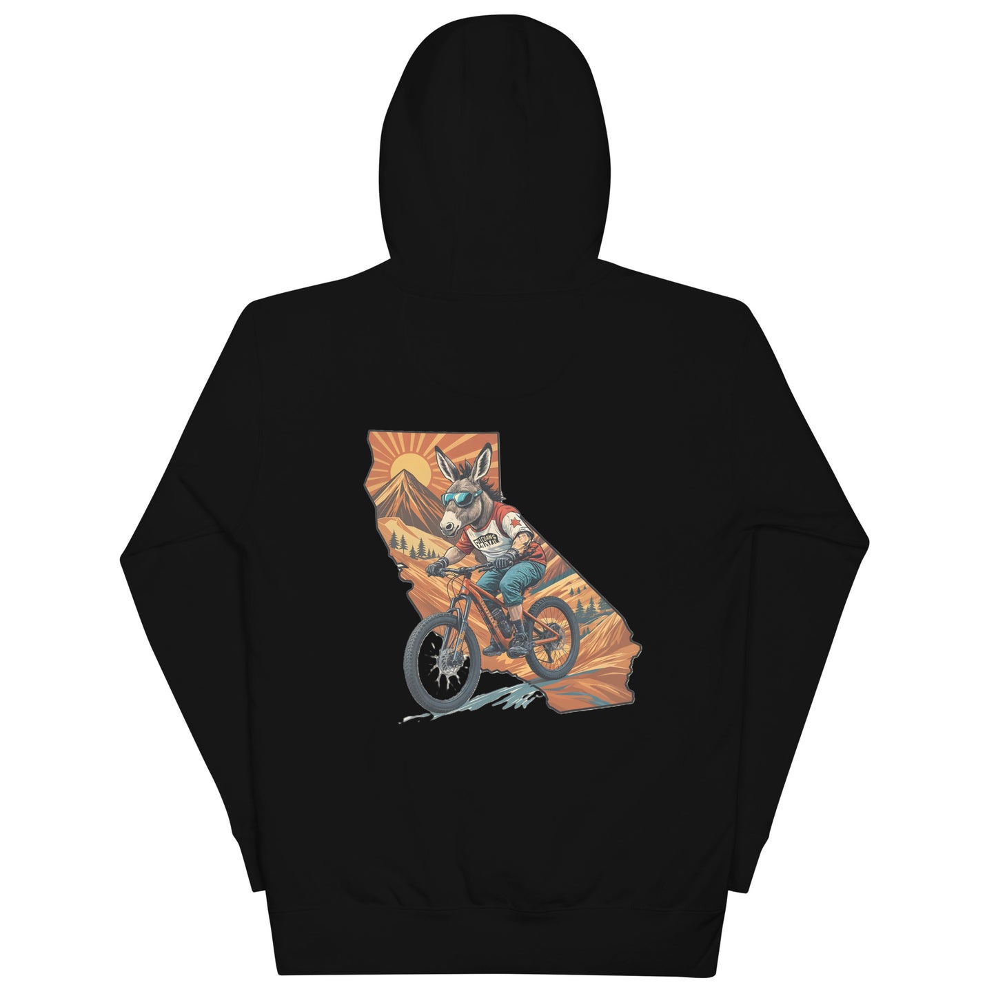 Black hoodie with a graphic design of a bear on a mountain bike in California, on a white background