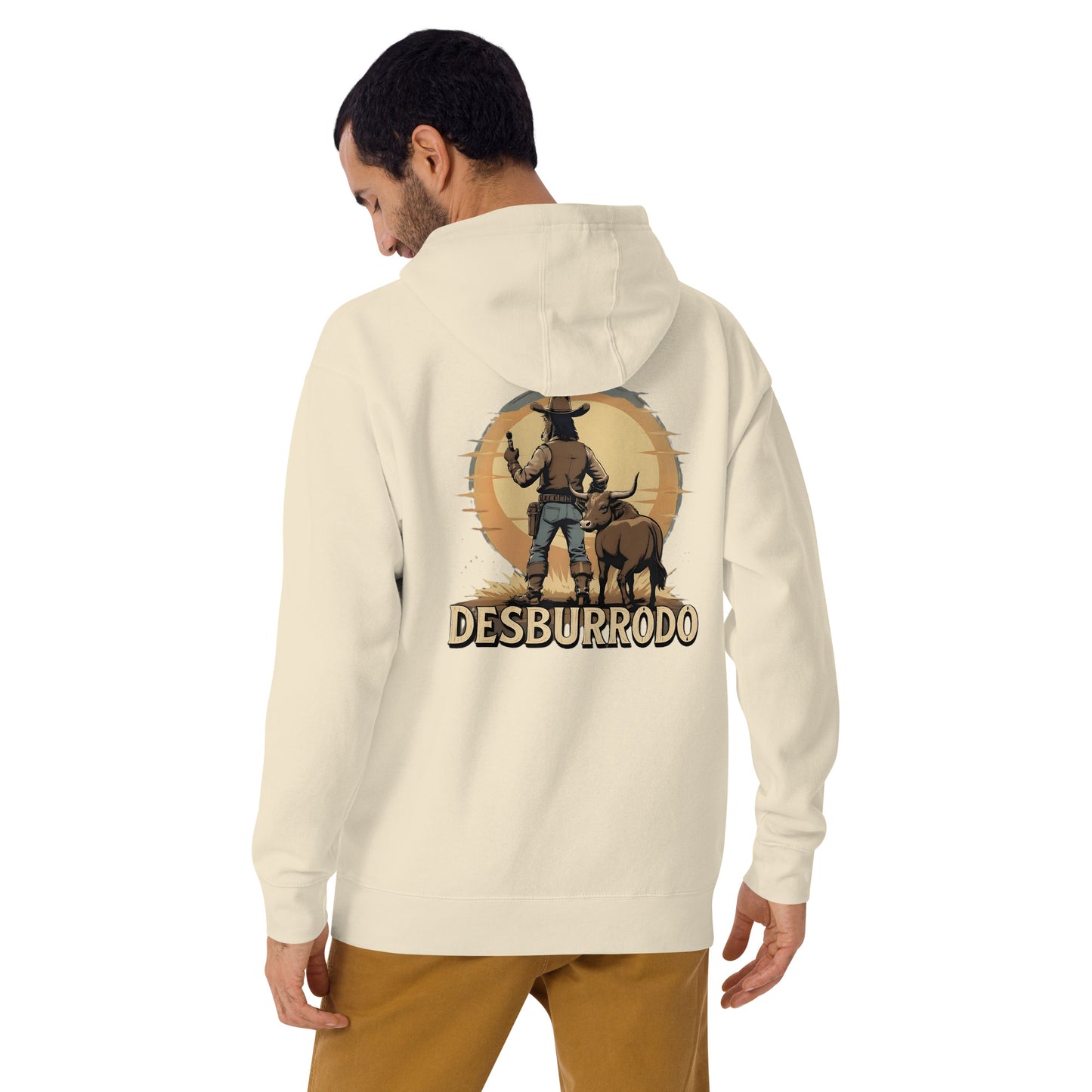 Man wearing a beige hoodie with a graphic design on the back, standing against a white background