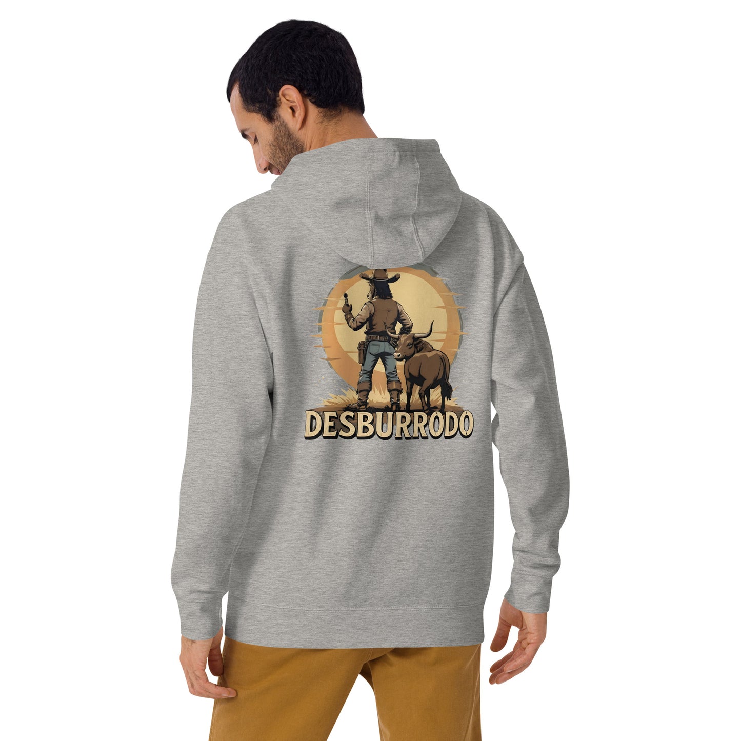 Person wearing a gray hoodie with a graphic design on the back, featuring text 'DESBURRADO'.