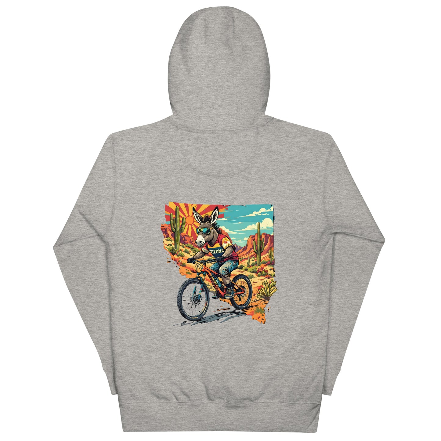 Gray hoodie with a colorful graphic of a donkey on a bike in a desert landscape.