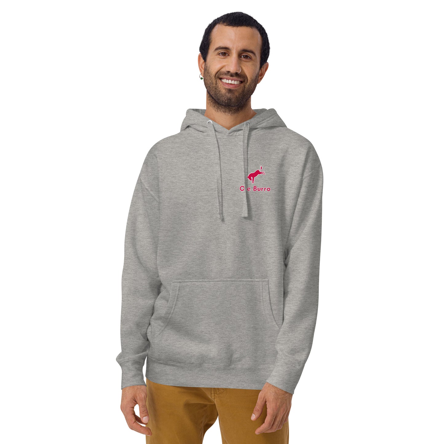 Man wearing a gray hoodie with a logo on a white background