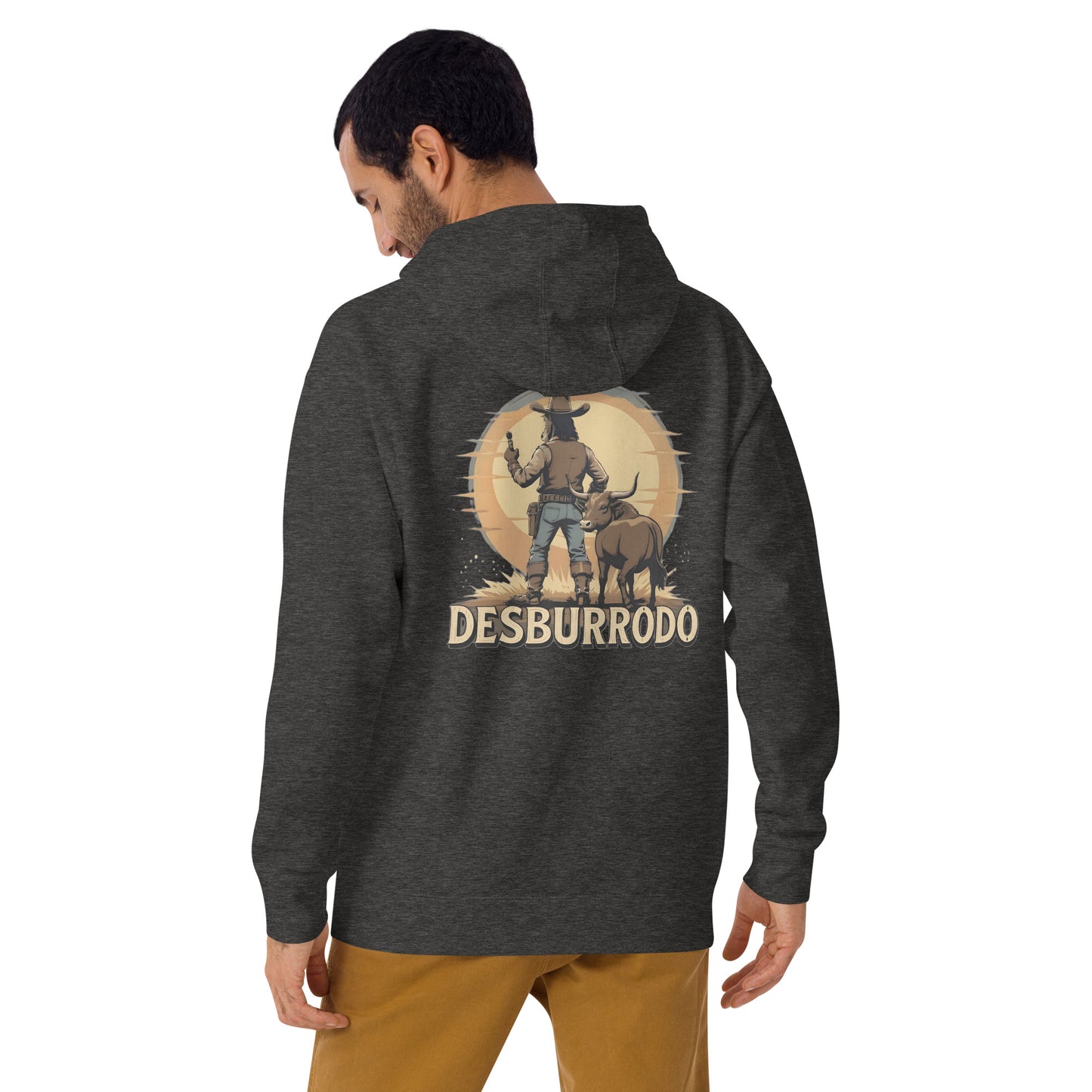 Person wearing a dark gray hoodie with a graphic design on the back, standing against a white background.