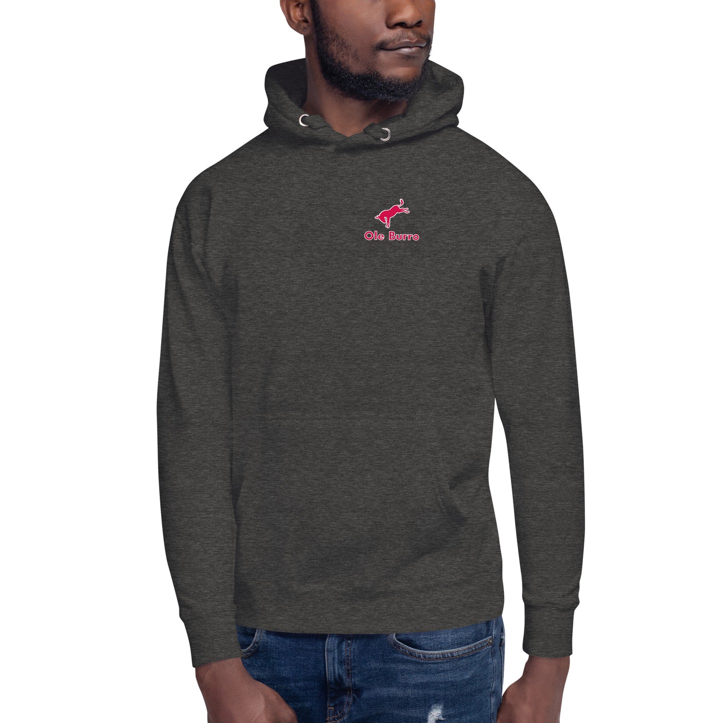 Dark gray hoodie with a logo on the chest against a white background