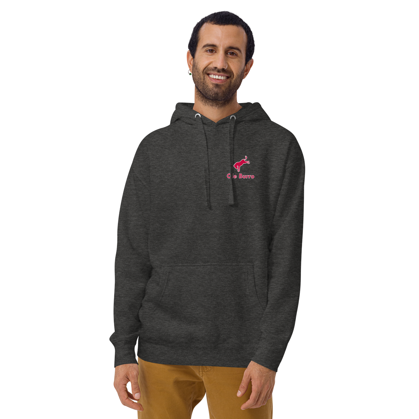 Man wearing a dark gray hoodie with a logo on a white background