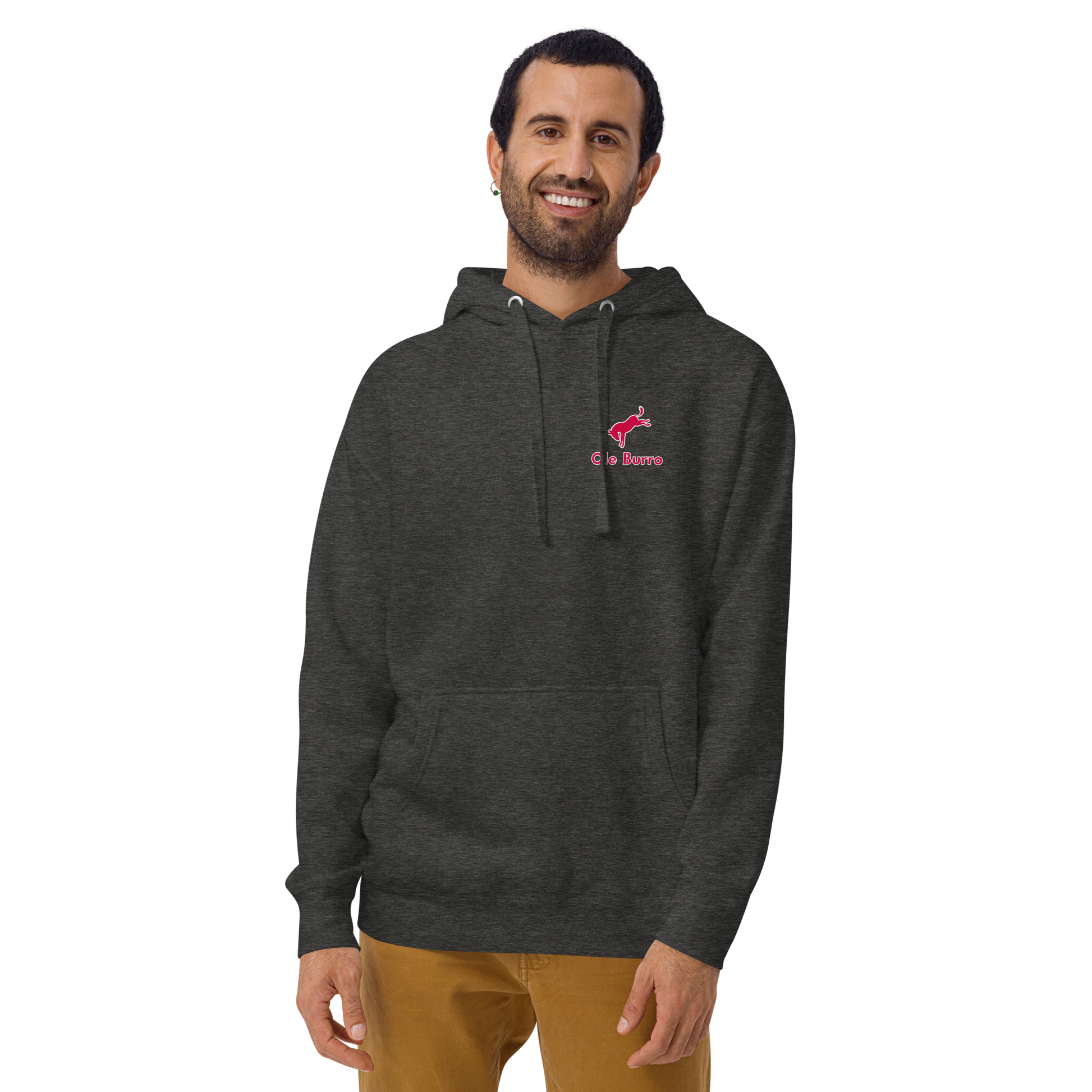 Man wearing a dark gray hoodie with a logo on a white background