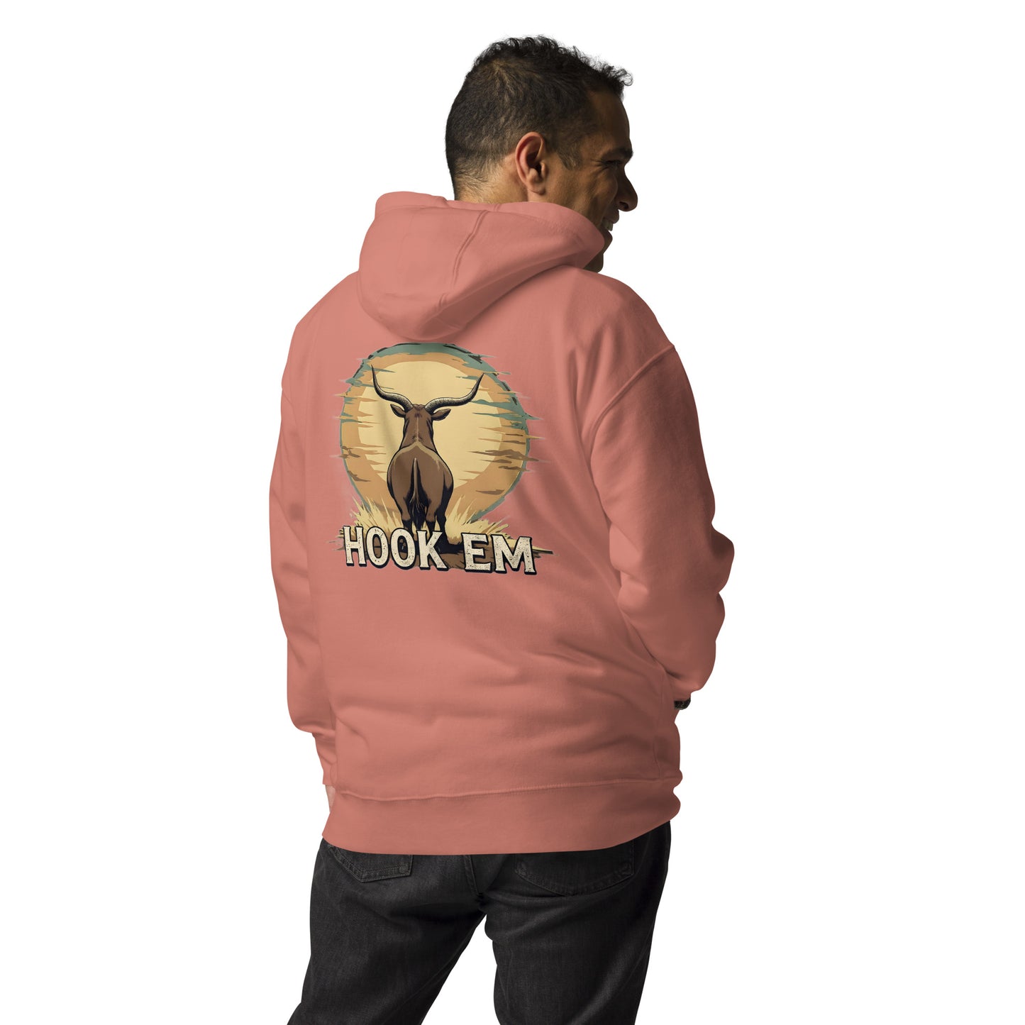 Person wearing a pink hoodie with a logo and 'HOOK EM' text on the back, against a white background