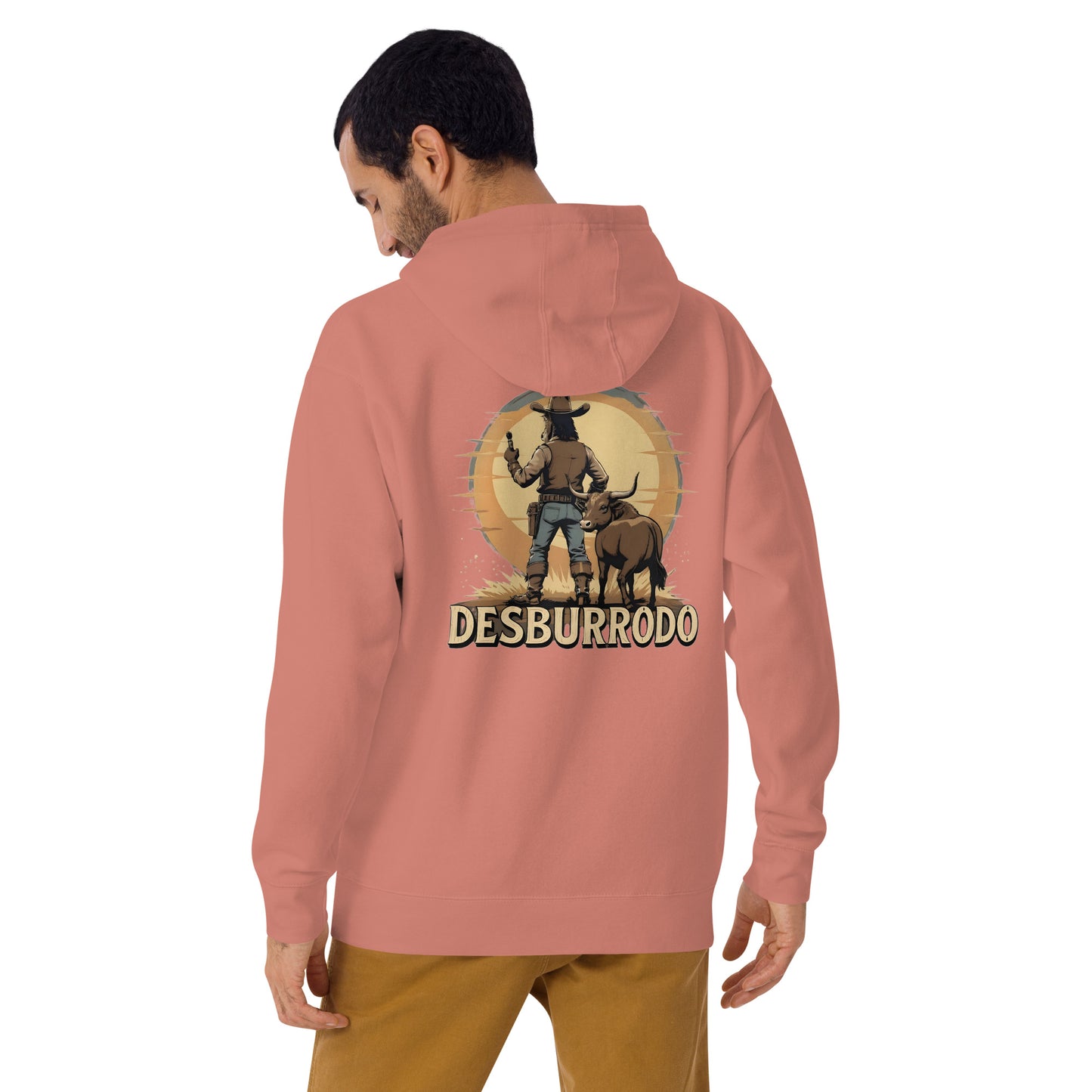 Person wearing a pink hoodie with a graphic design on the back, standing against a white background.