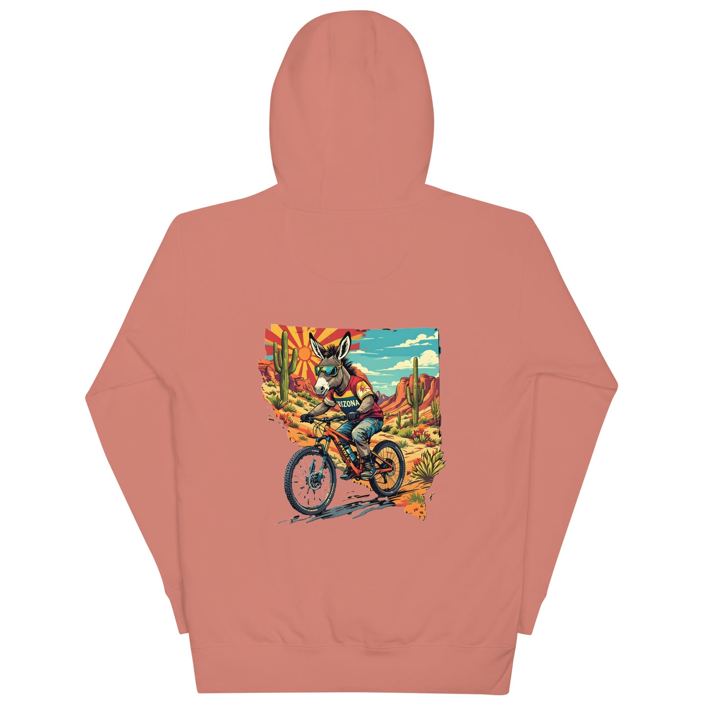 Peach-colored hoodie with a graphic of a person on a bike in a desert scene.