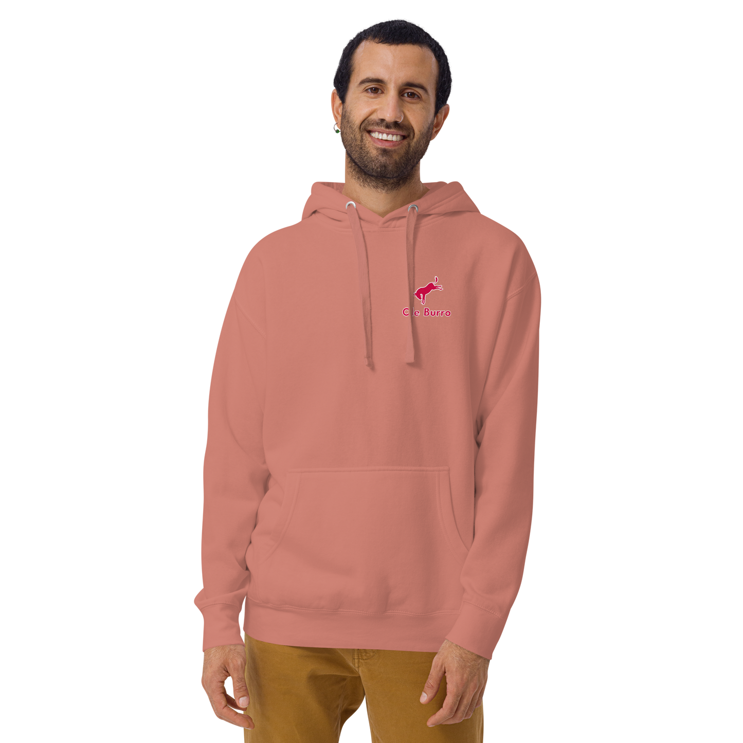 Man wearing a pink hoodie with a logo on a white background