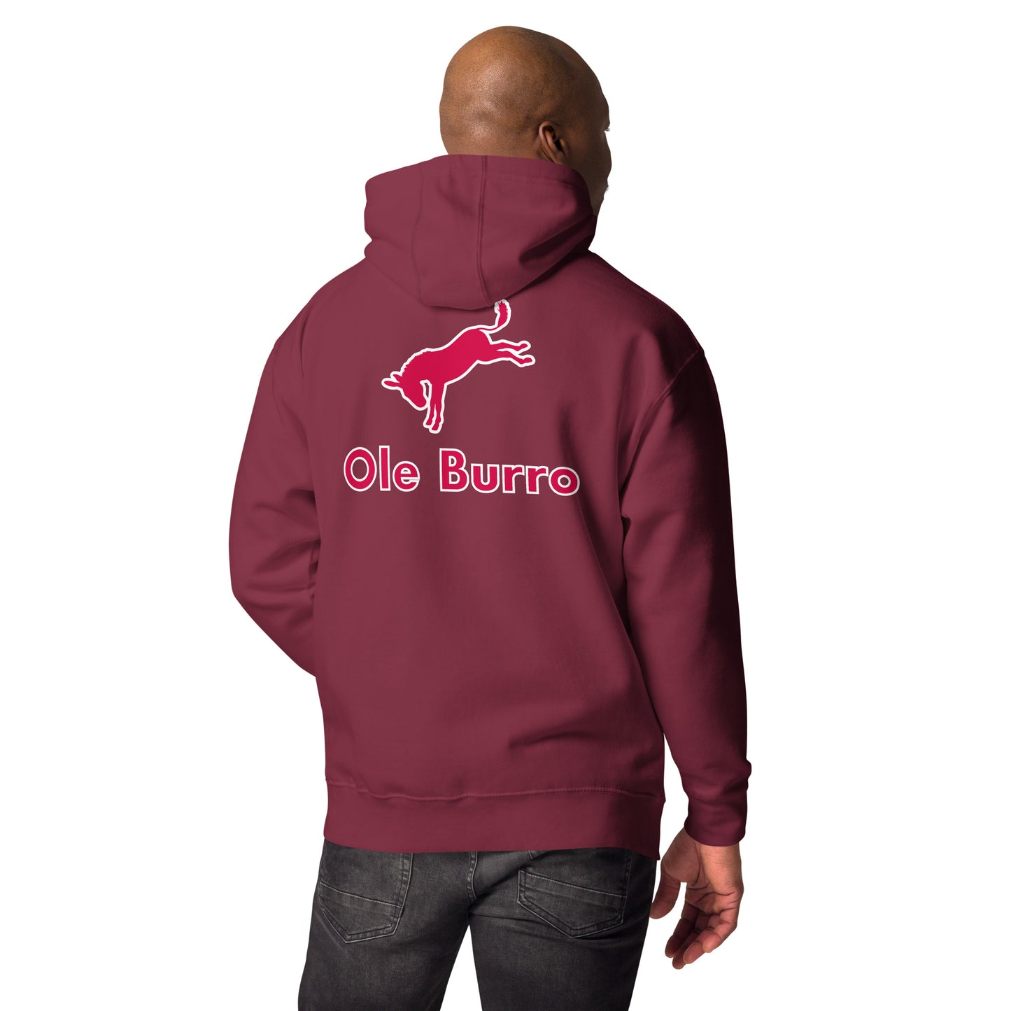 Person wearing a maroon hoodie with 'Ole Burro' logo on the back, on a white background