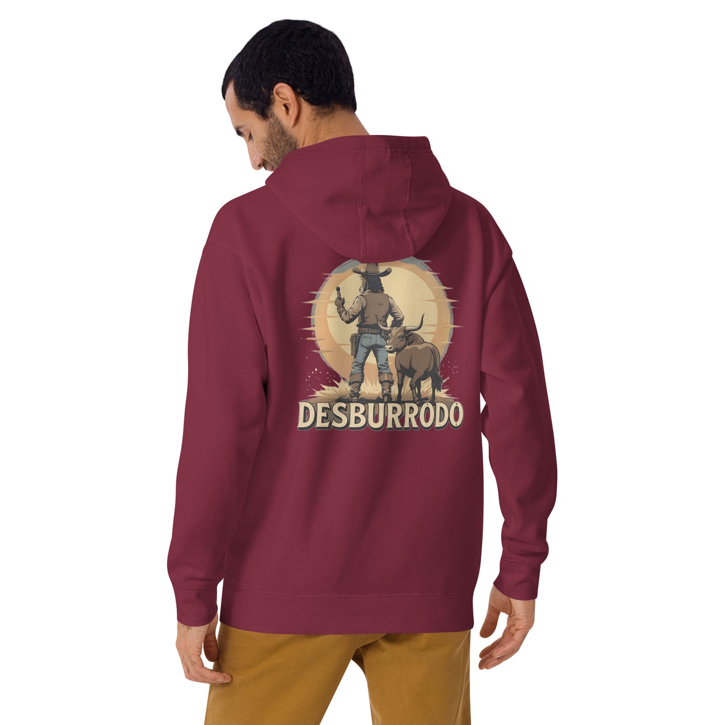 Man wearing a maroon hoodie with 'Desburrodo' graphic on the back, standing against a white background.