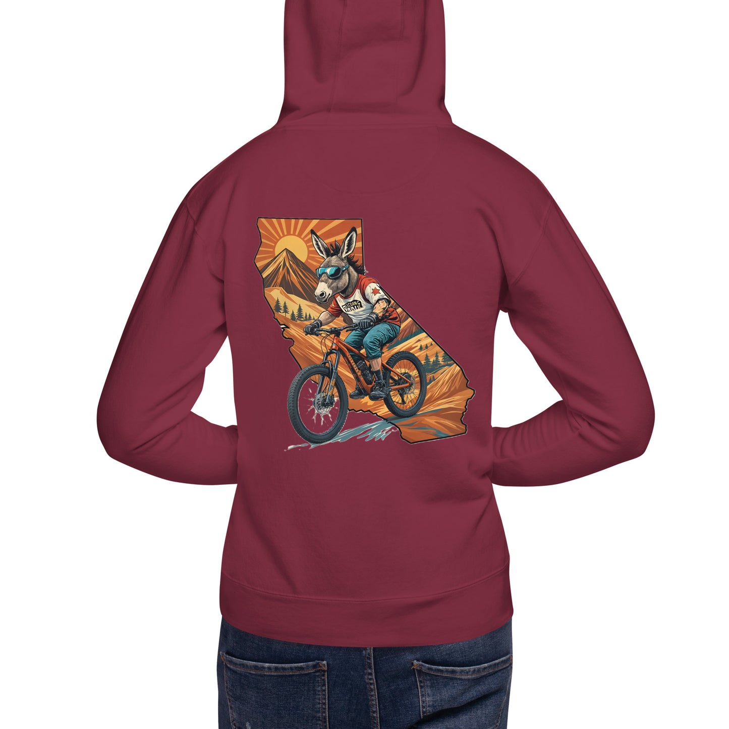 Maroon hoodie with a graphic of a mountain biker on the back, displayed on a white background.