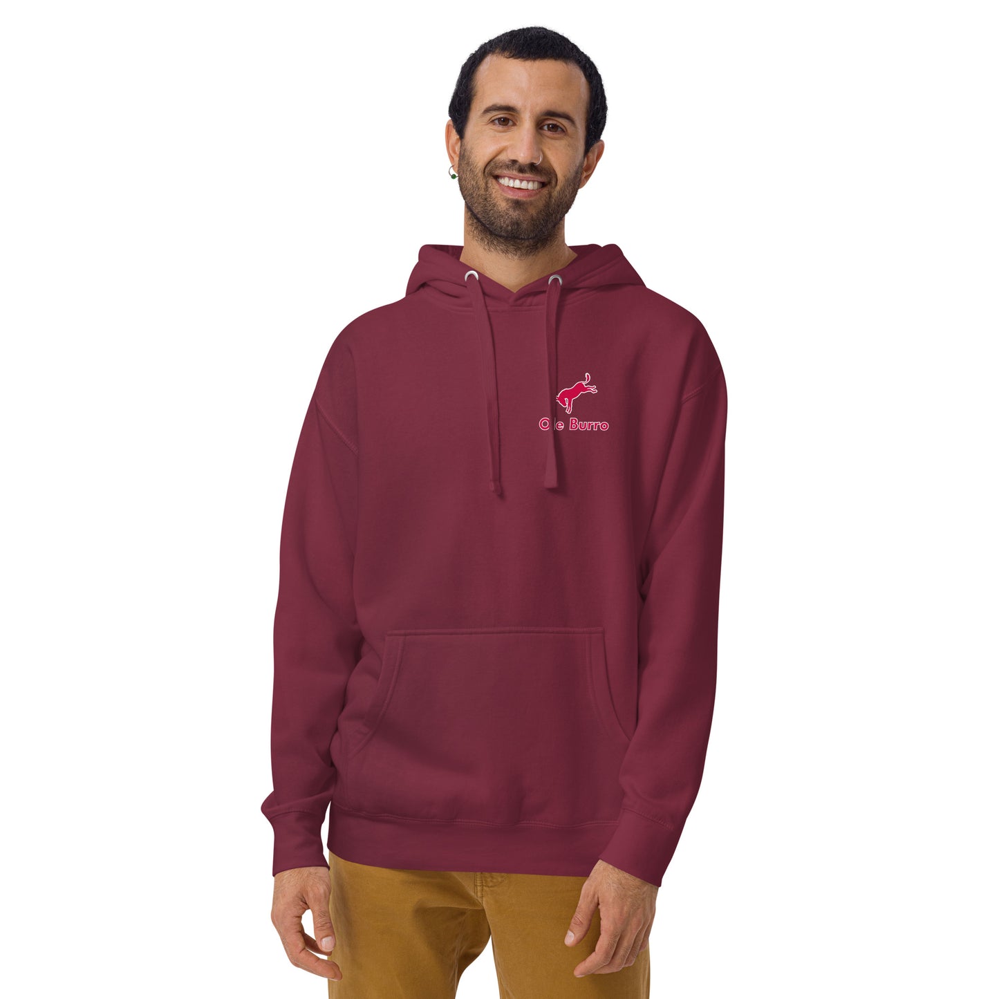 Man wearing a maroon hoodie with a logo on a white background