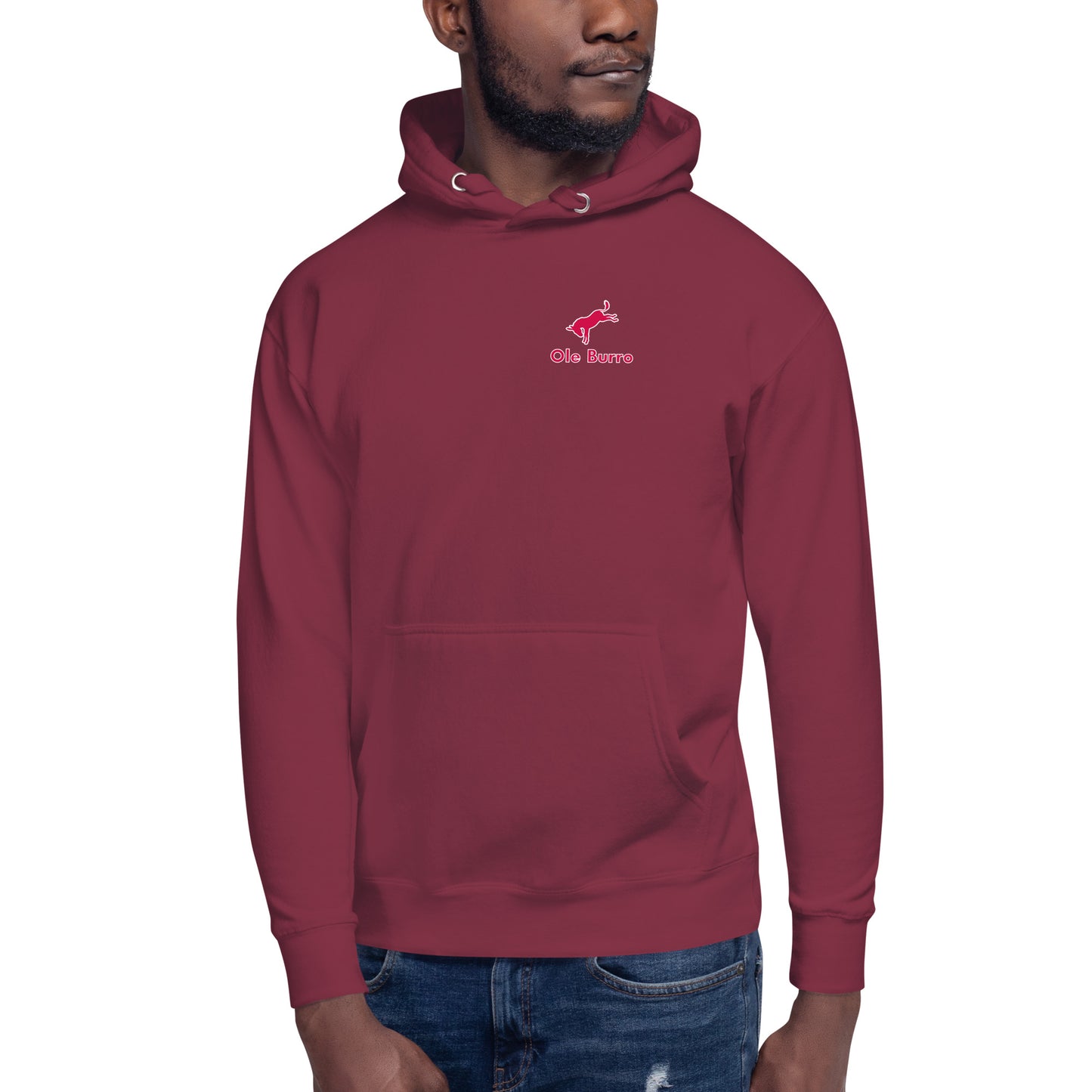 Maroon hoodie with a logo on the chest against a white background