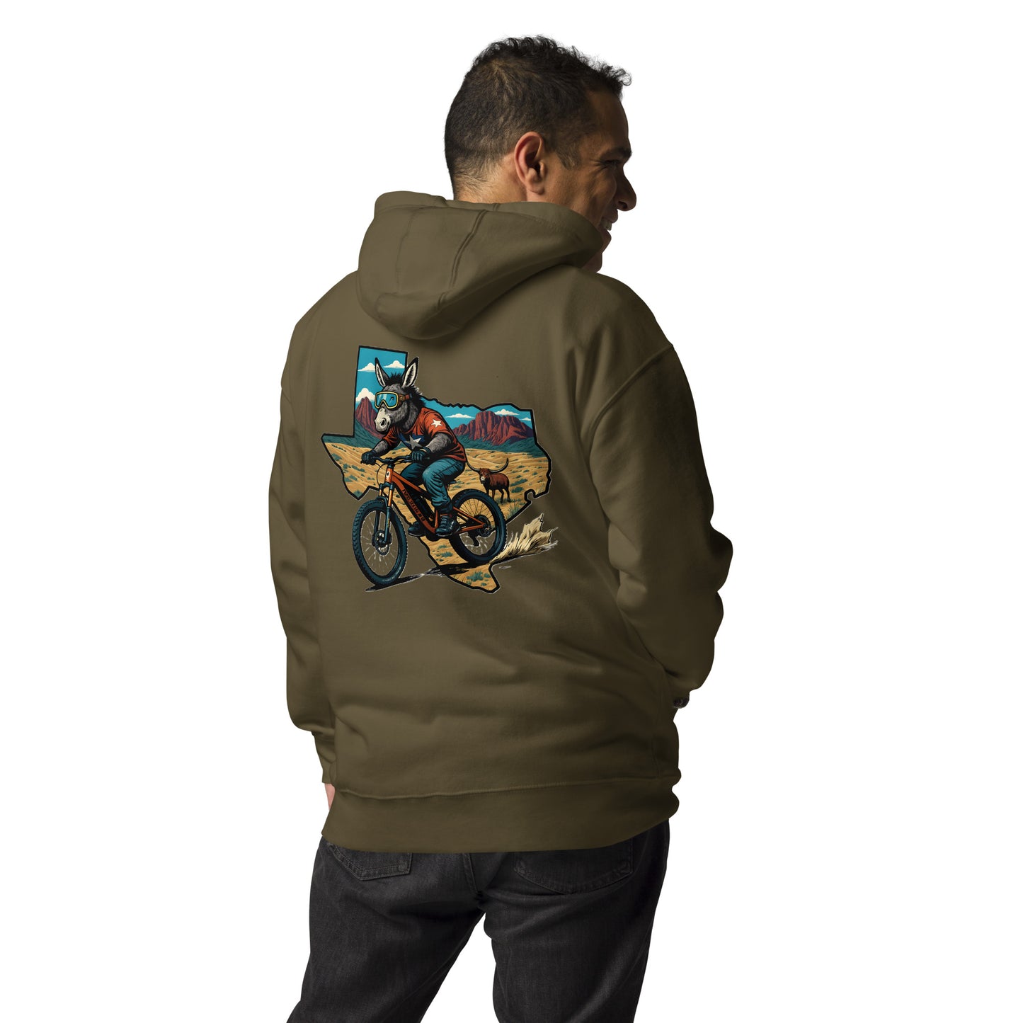 Person wearing a brown hoodie with a graphic design on the back, standing against a white background