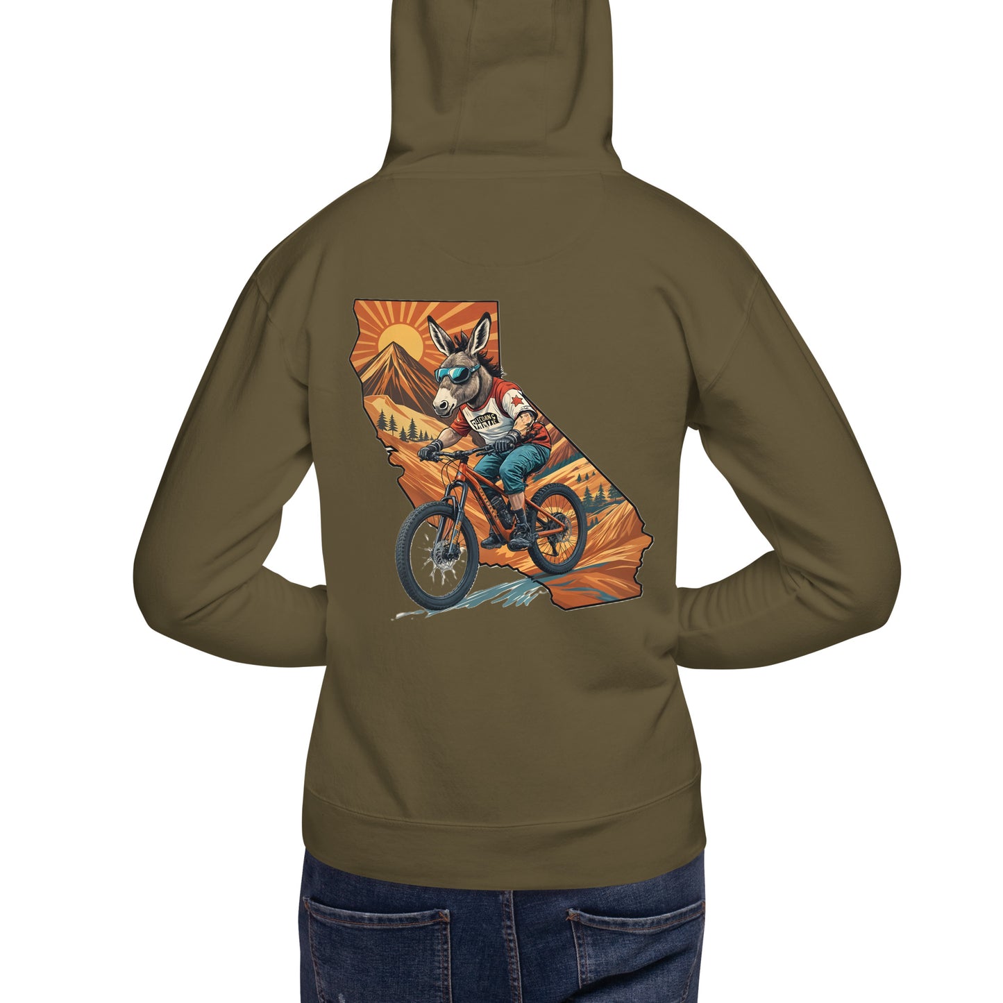 Brown hoodie with a graphic of a bear riding a bike on the back, displayed on a white background.