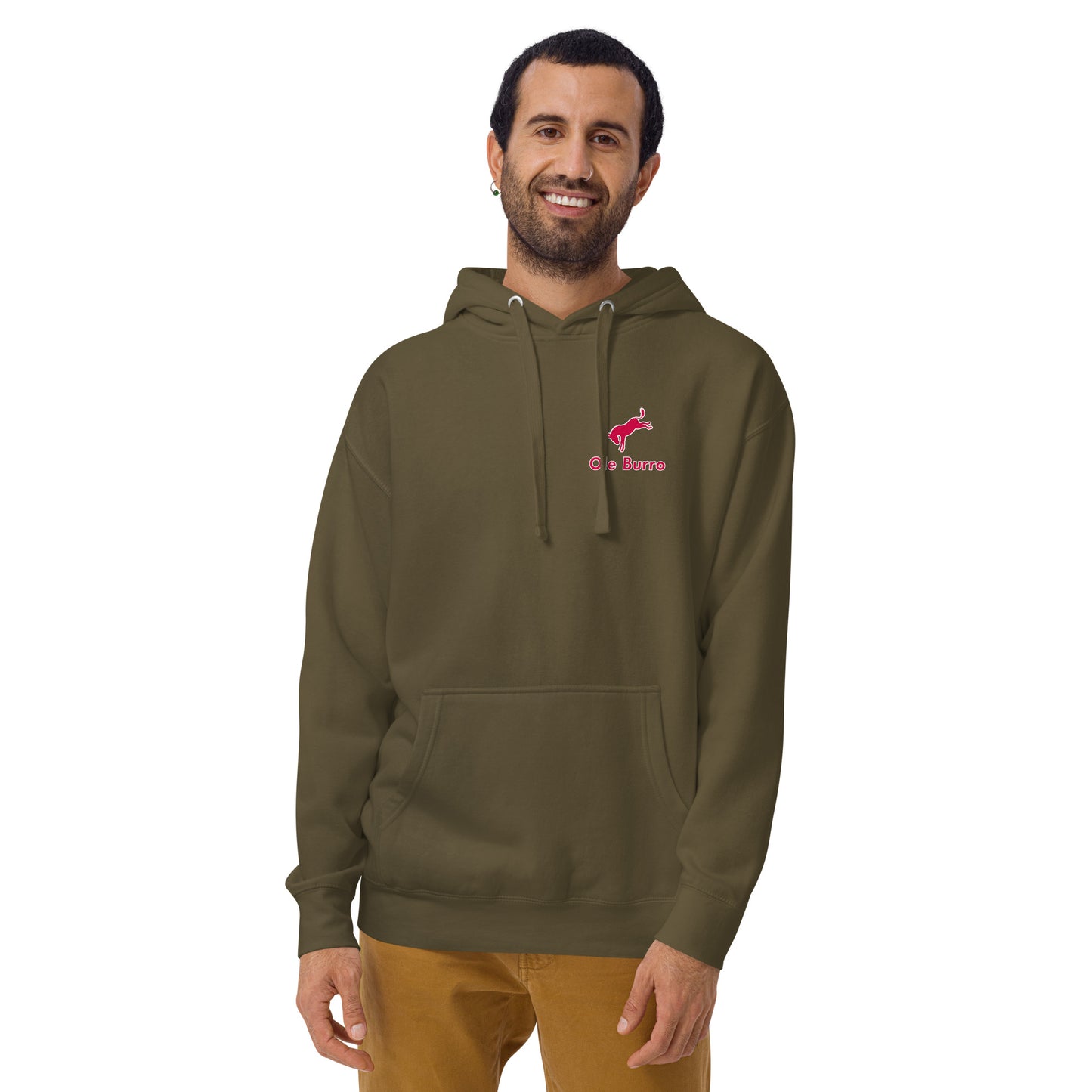 Man wearing a green hoodie with a logo on a white background