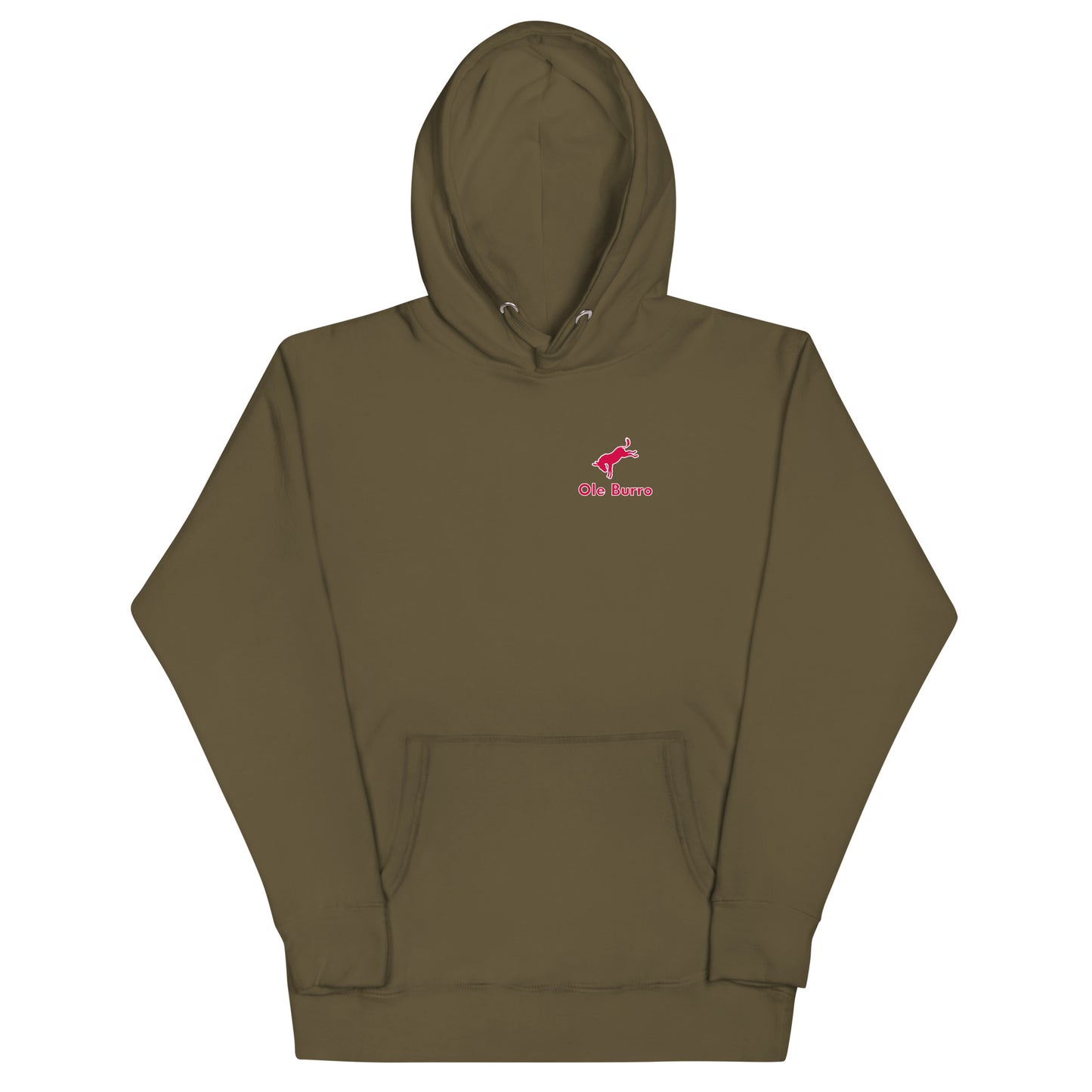 Brown hoodie with a pink logo on a white background