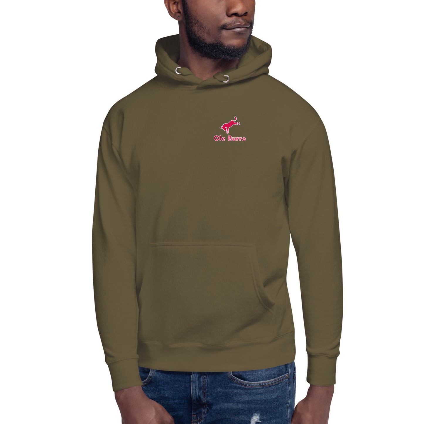 Person wearing a green hoodie with a logo on a white background