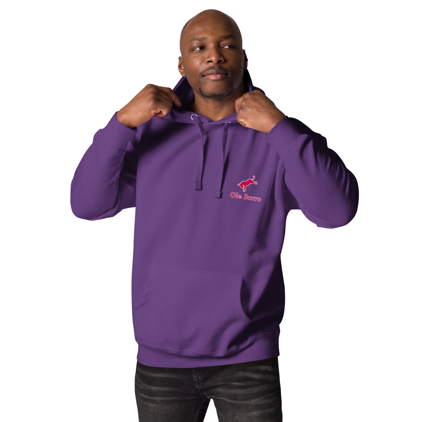Man wearing a purple hoodie with a logo on a white background
