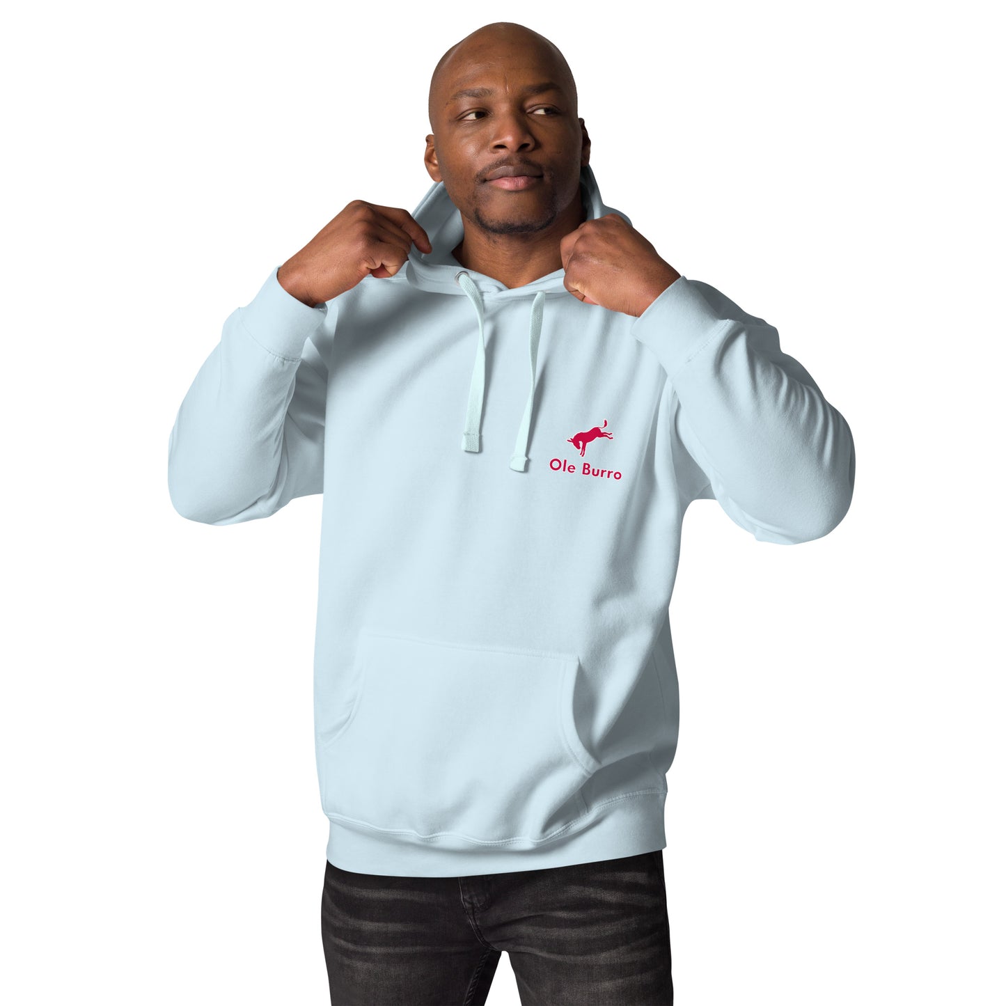 Man wearing a light blue hoodie with a red logo and text on a white background