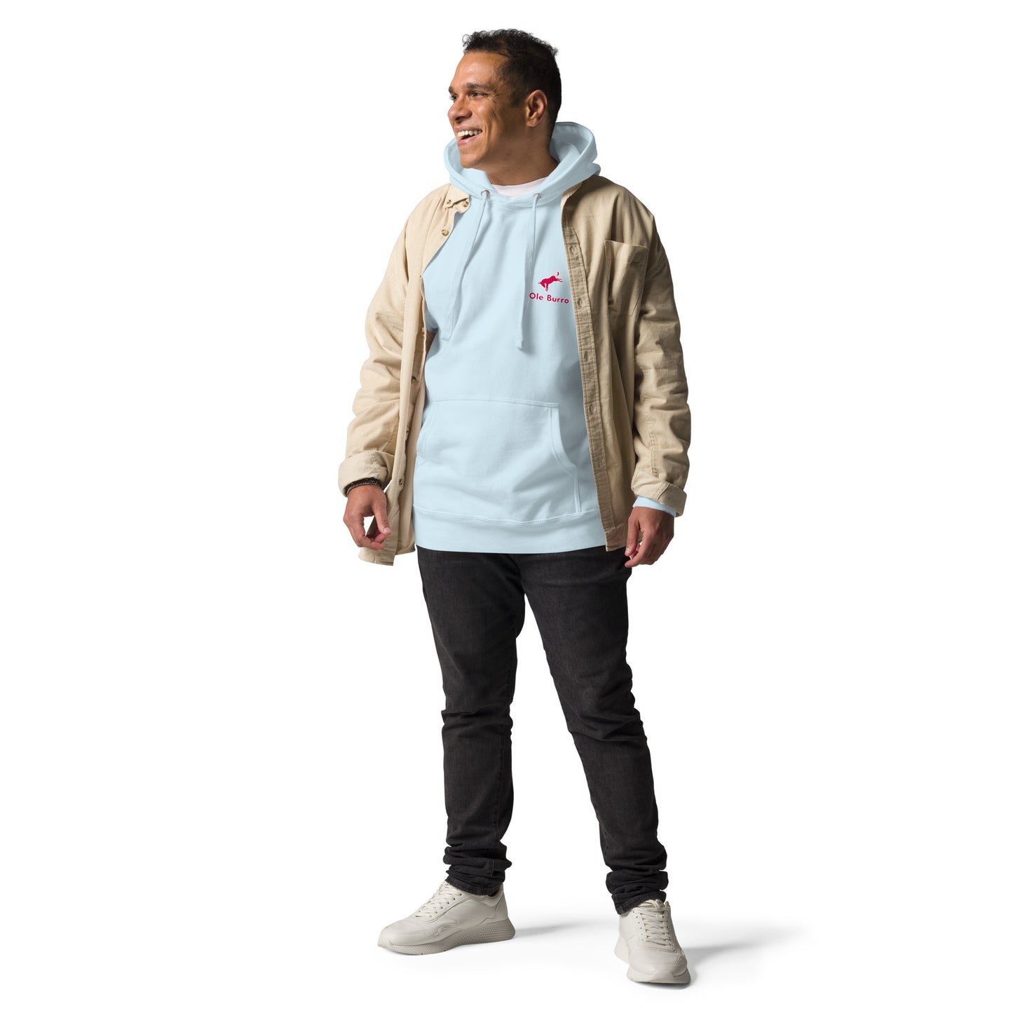 Man wearing a light blue hoodie with a beige jacket on a white background