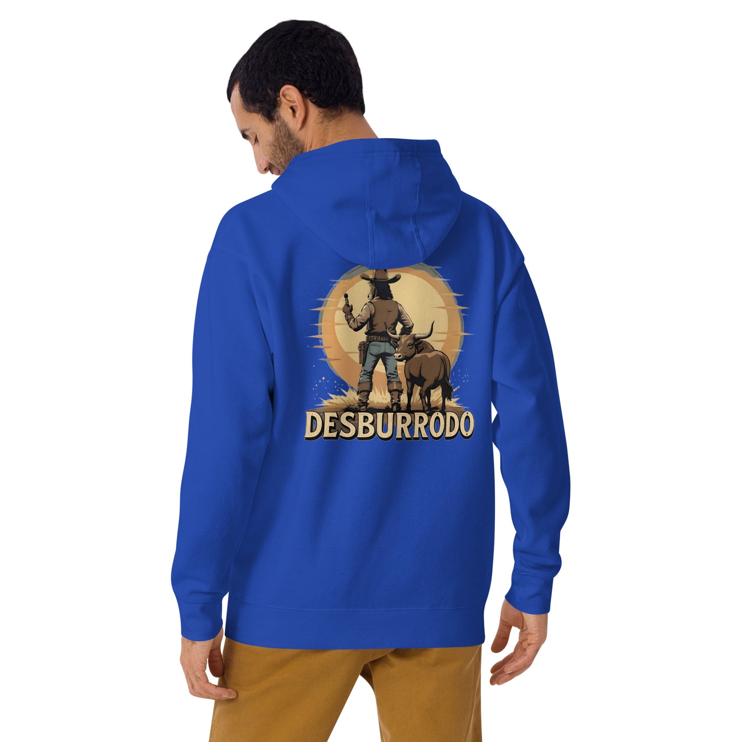 Man wearing a blue hoodie with a graphic design on the back, standing against a white background
