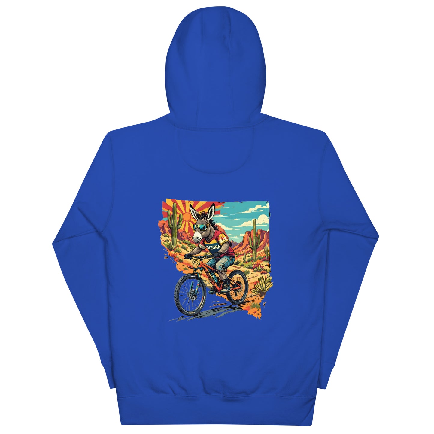 Blue hoodie with a graphic of a person riding a bike in a desert landscape on a white background