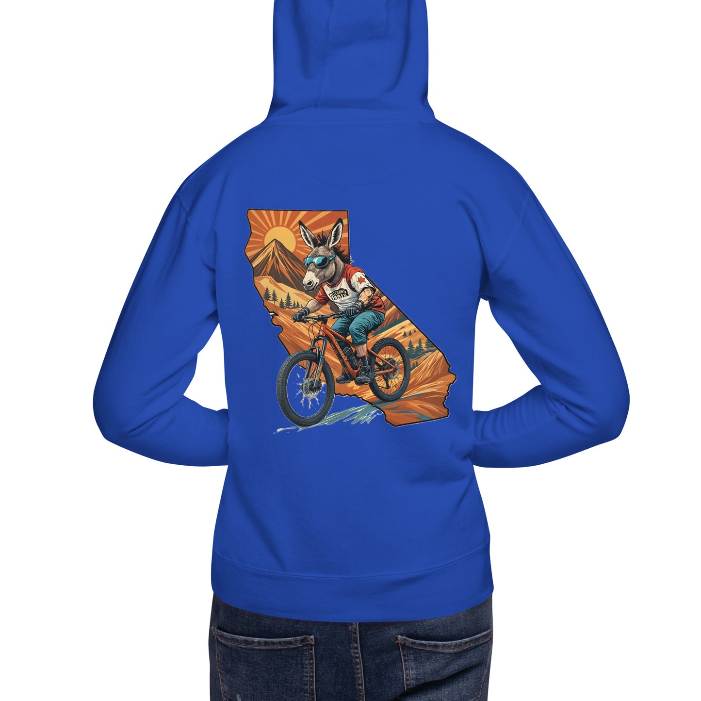 Blue hoodie with a graphic of a mountain biker on the back, displayed on a white background.